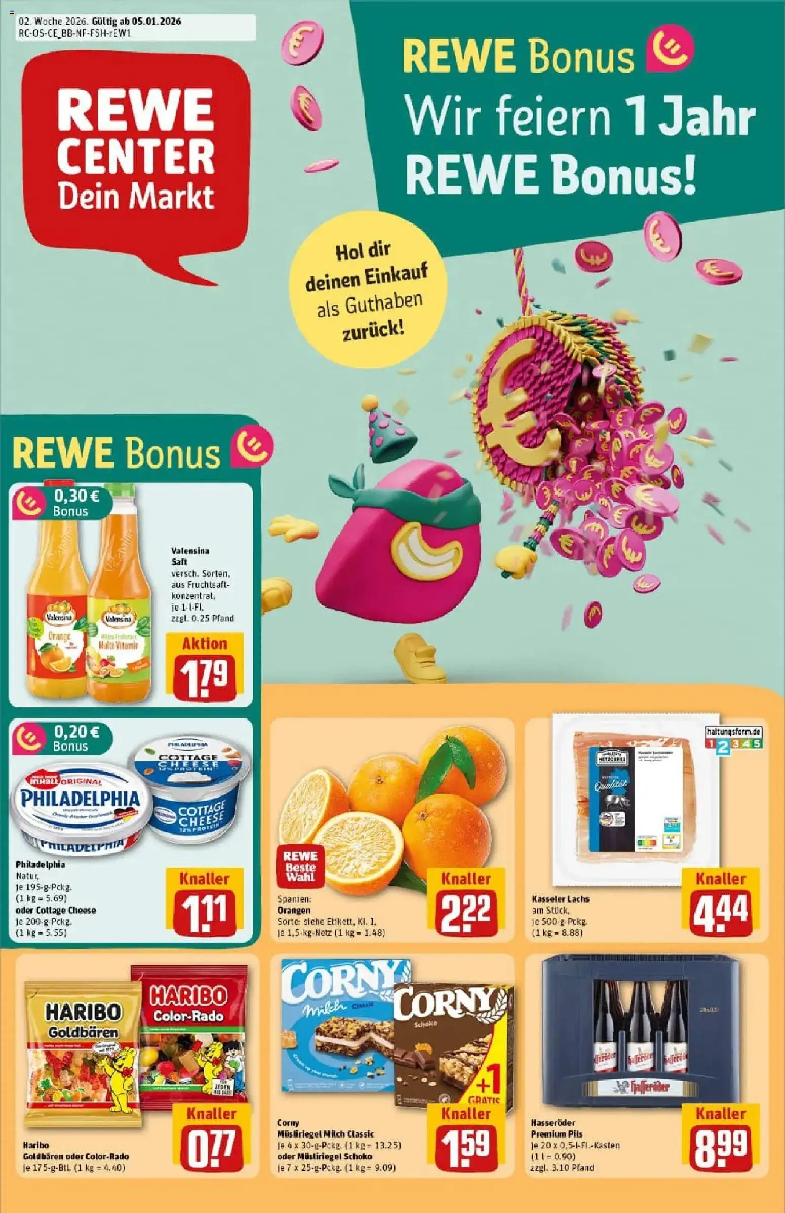 Vorschau von dem Prospekt des Geschäftes Rewe, gültig ab dem 04.01.2026 - Haribo, Philadelphia, Lachs, Milch, Saft, Pils, Valensina, Fruchtsaft