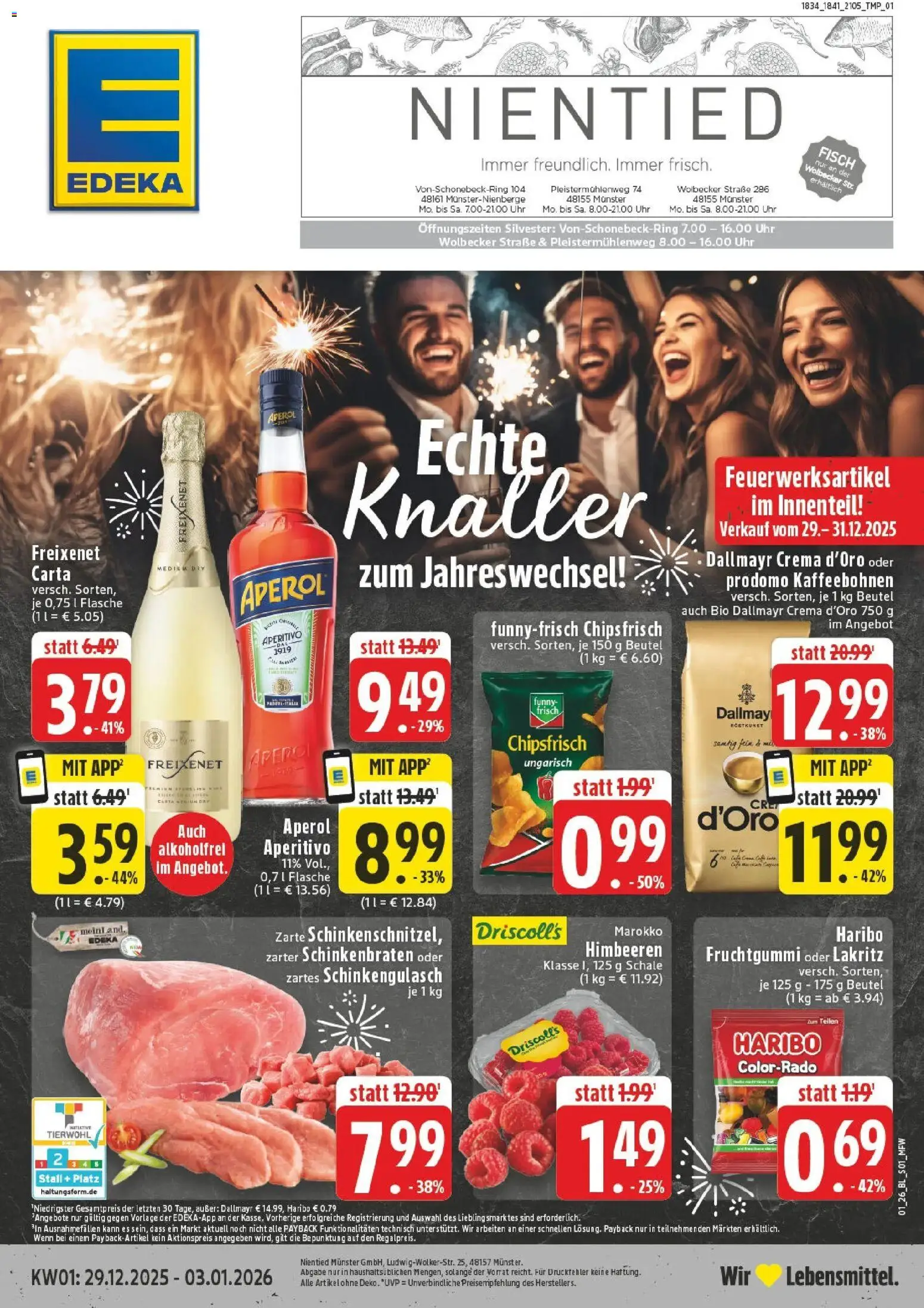 Vorschau von dem Prospekt des Geschäftes Edeka, gültig ab dem 28.12.2025 - Chips, Uhr, Haribo, Aperol, Monster, Himbeeren, Dallmayr, Freixenet