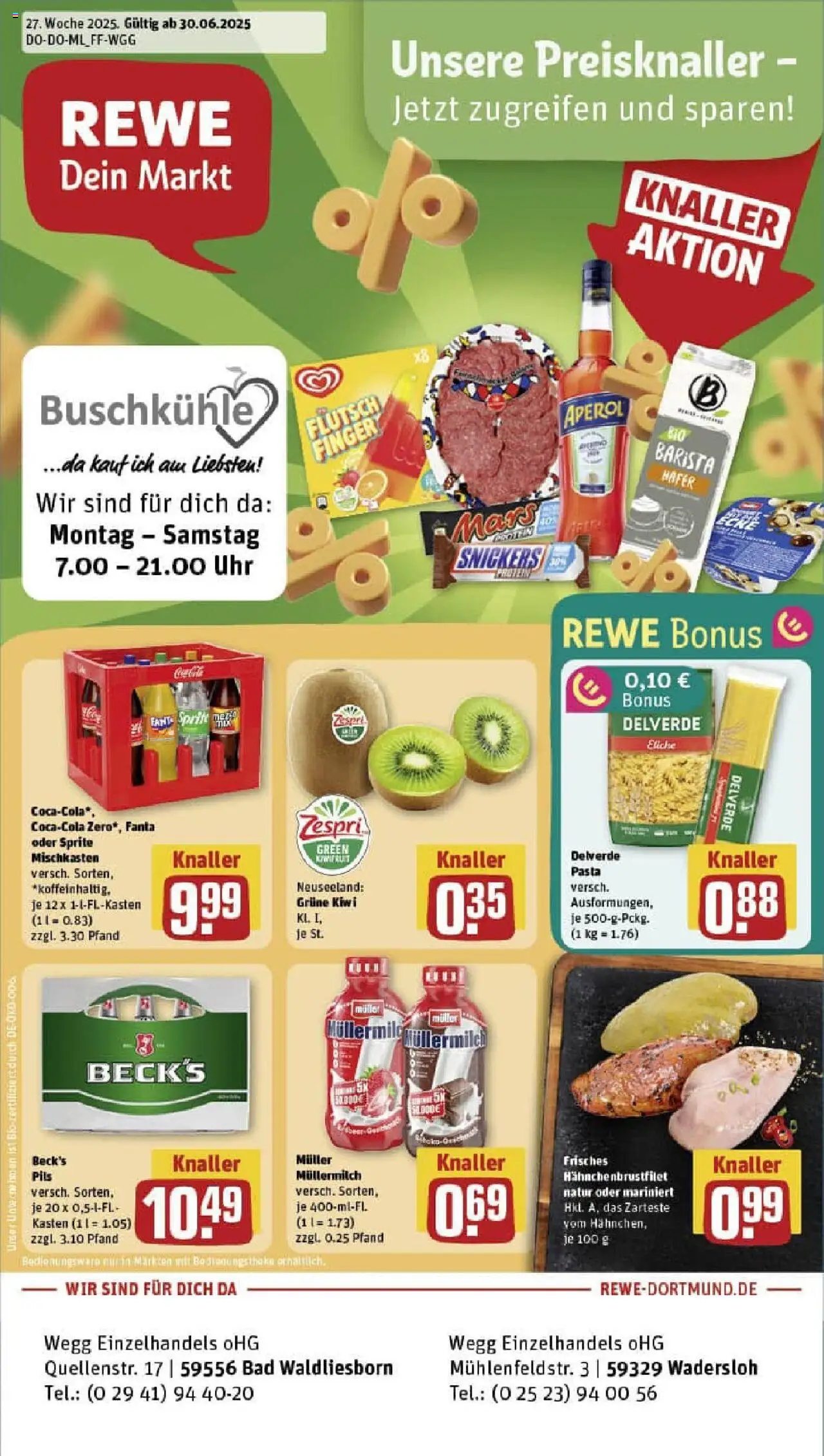 REWE Prospekt ab 29.06.2025 nächste Woche - Prospekt Lippstadt / Bad Waldliesborn - Uhr, Pasta, Aperol, Bad, Kiwi, Snickers, Müllermilch, Muller mullermilch