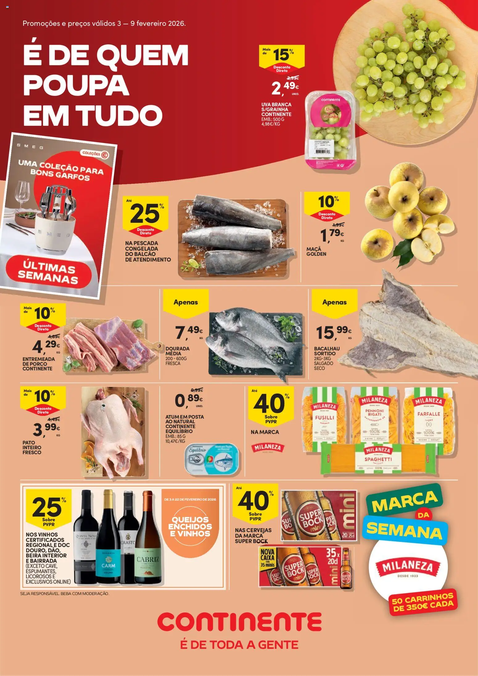 Pré-visualização do folheto da loja Continente válida a partir de 03/02/2026 - Bacalhau, Maça, Dourada, Atum, Uvas, Pescada, Milaneza, Garfos