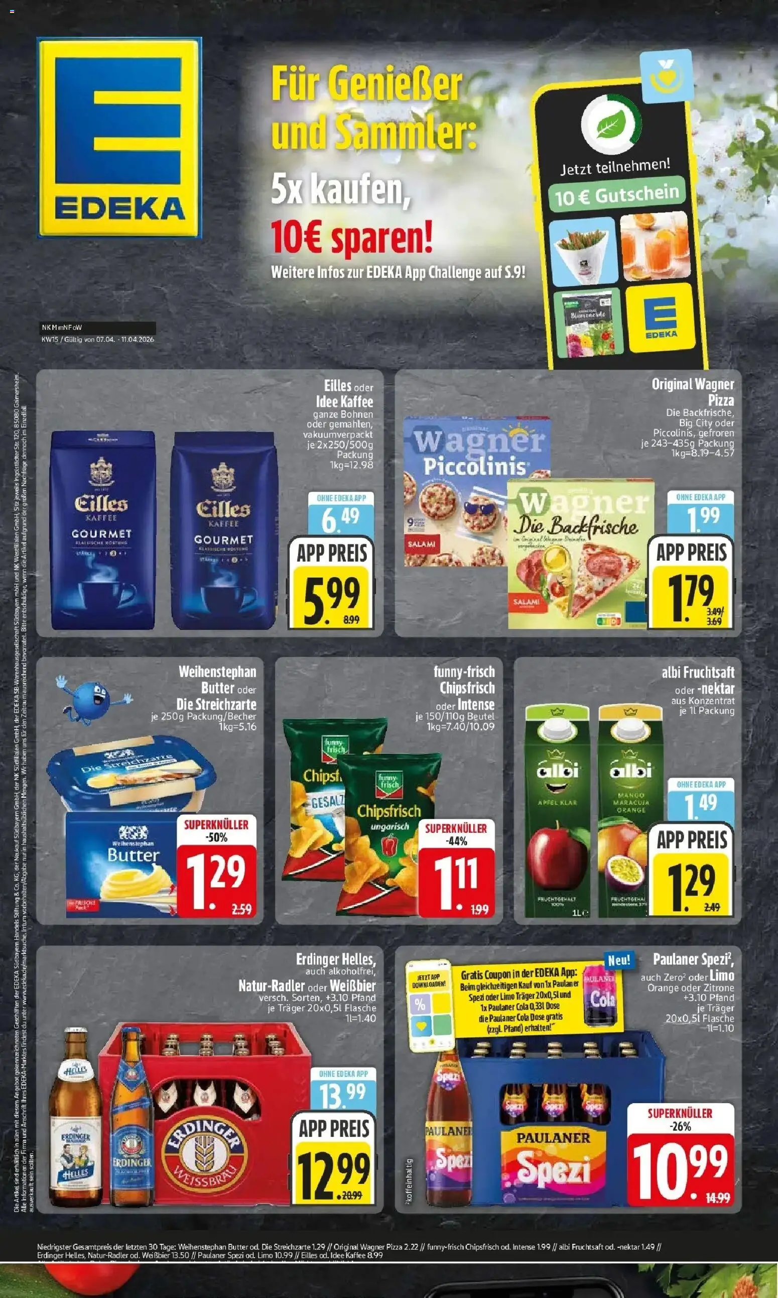 Vorschau von dem Prospekt des Geschäftes Edeka, gültig ab dem 05.04.2026 - Mango, Kaffee, Butter, Äpfel, Cola, Paulaner spezi, Wagner pizza, Erdinger