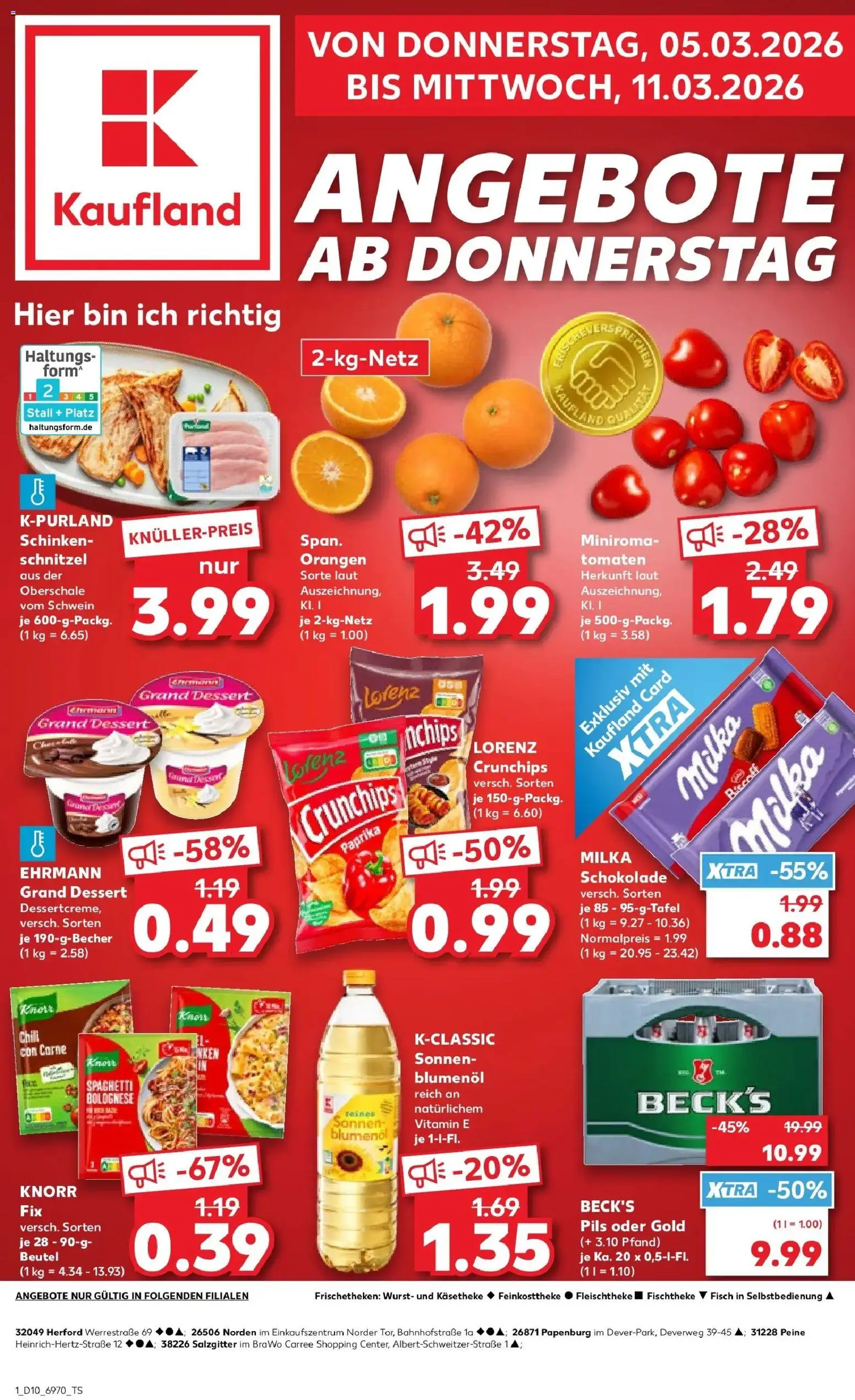 Vorschau von dem Prospekt des Geschäftes Kaufland, gültig ab dem 05.03.2026 - Chips, Schnitzel, Tomaten, Knorr, Knorr fix, Orangen, Pils, Sonnenblumenol