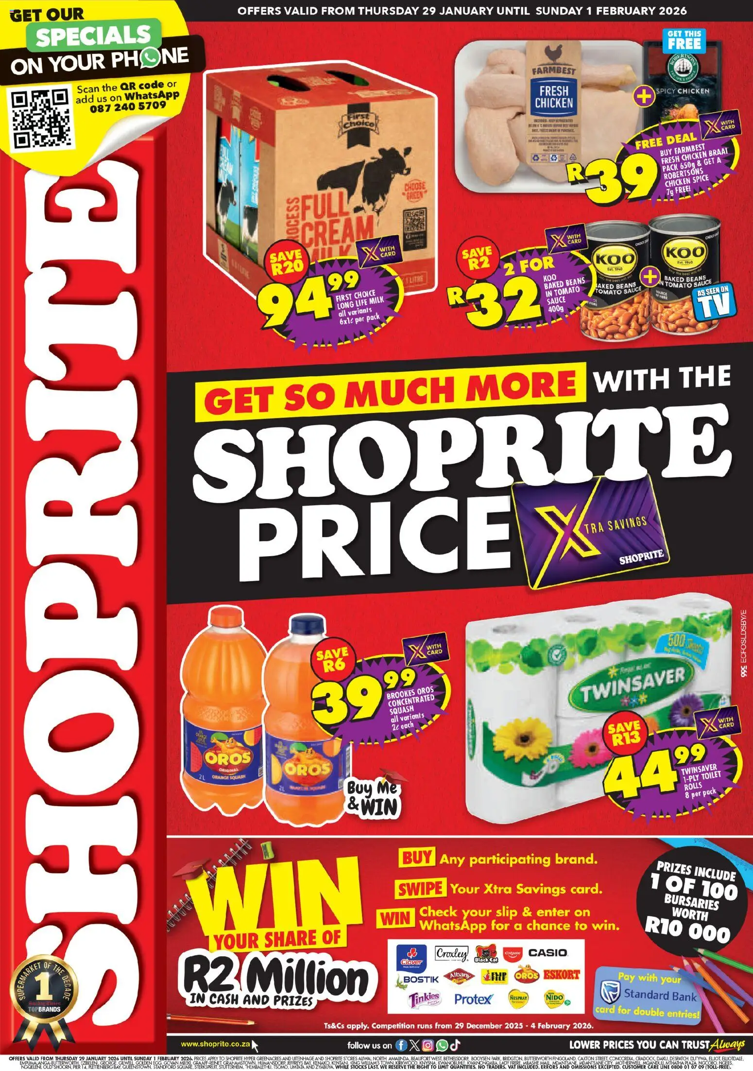 Preview of Shoprite flyer valid from 29/01/2026 - Phone, Chicken, Toilet, Milk, Cream, Squash, Tomato sauce, Baked beans
