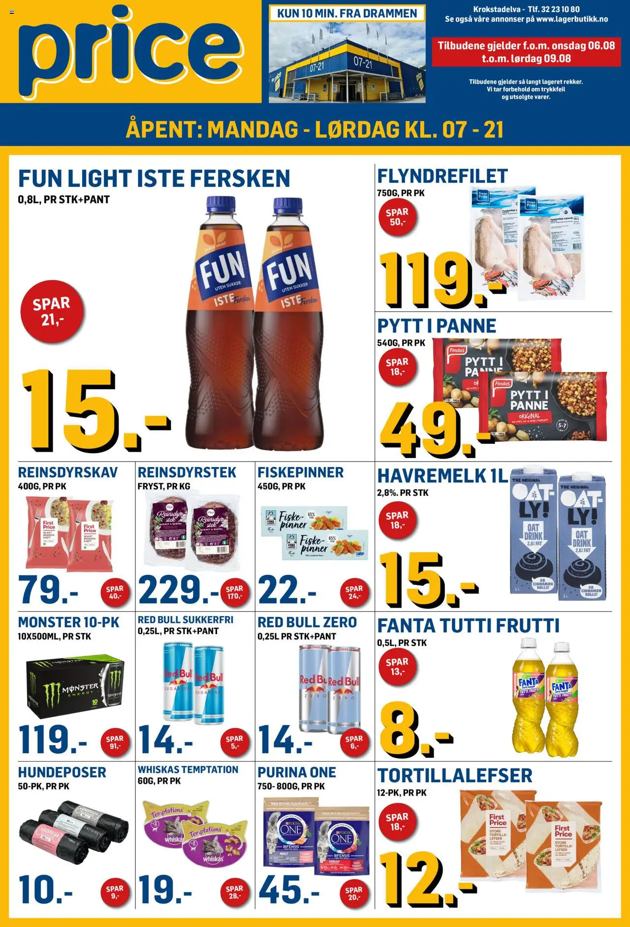 Kundeavis Price Lagerbutikk gyldig fra 06/08/2025 - Sidenummer 1 - Monster, Hundeposer, Fiskepinner, Havremelk, Sukker, Iste fersken, Tortilla, Iste