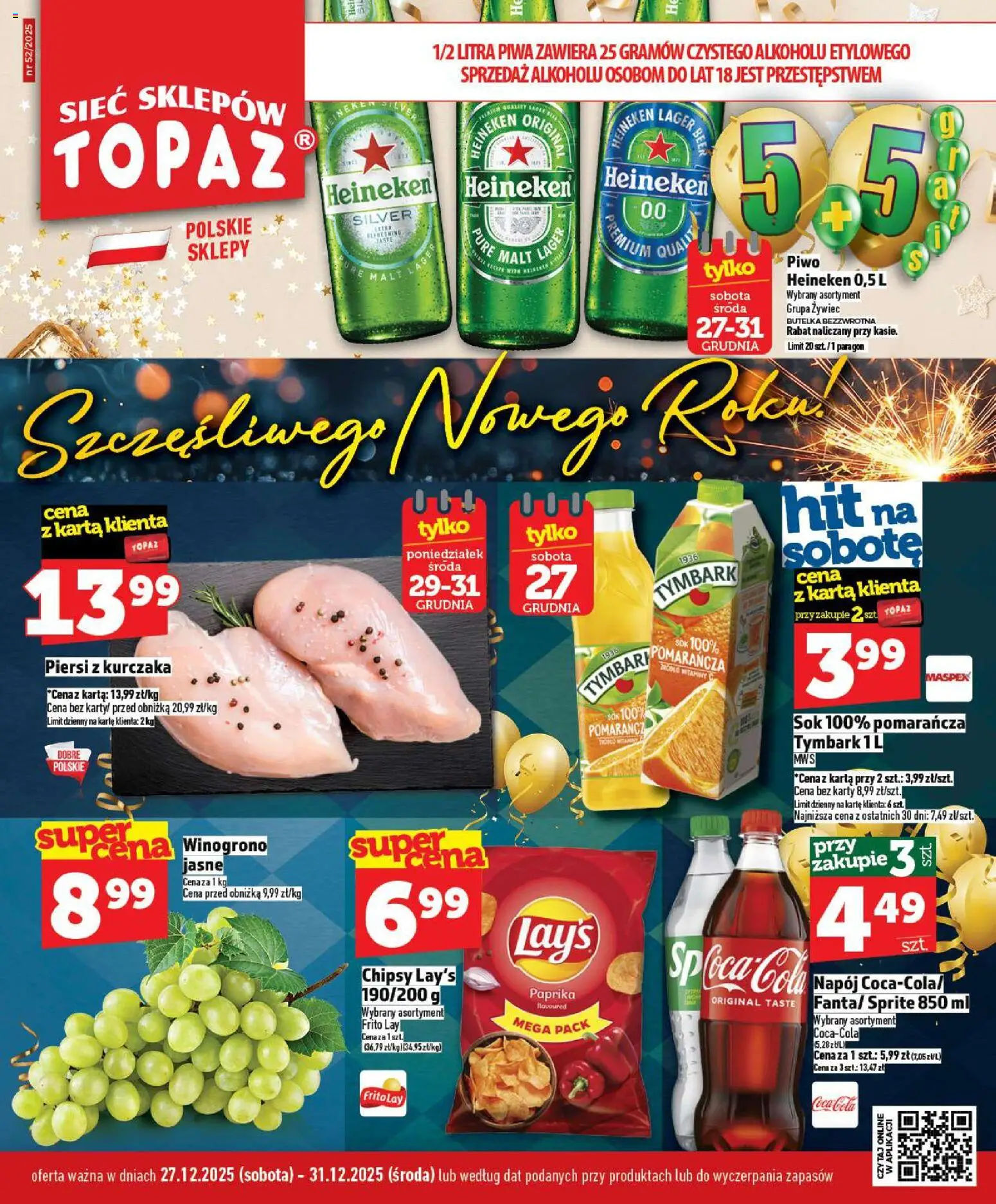 Pogląd gazetki "Gazetka MAZ" ze sklepu Topaz ważnej od 27.12.2025 - Piwo, Tymbark, Chipsy, Piersi, Karta, Sok, Winogrono, Heineken Silver