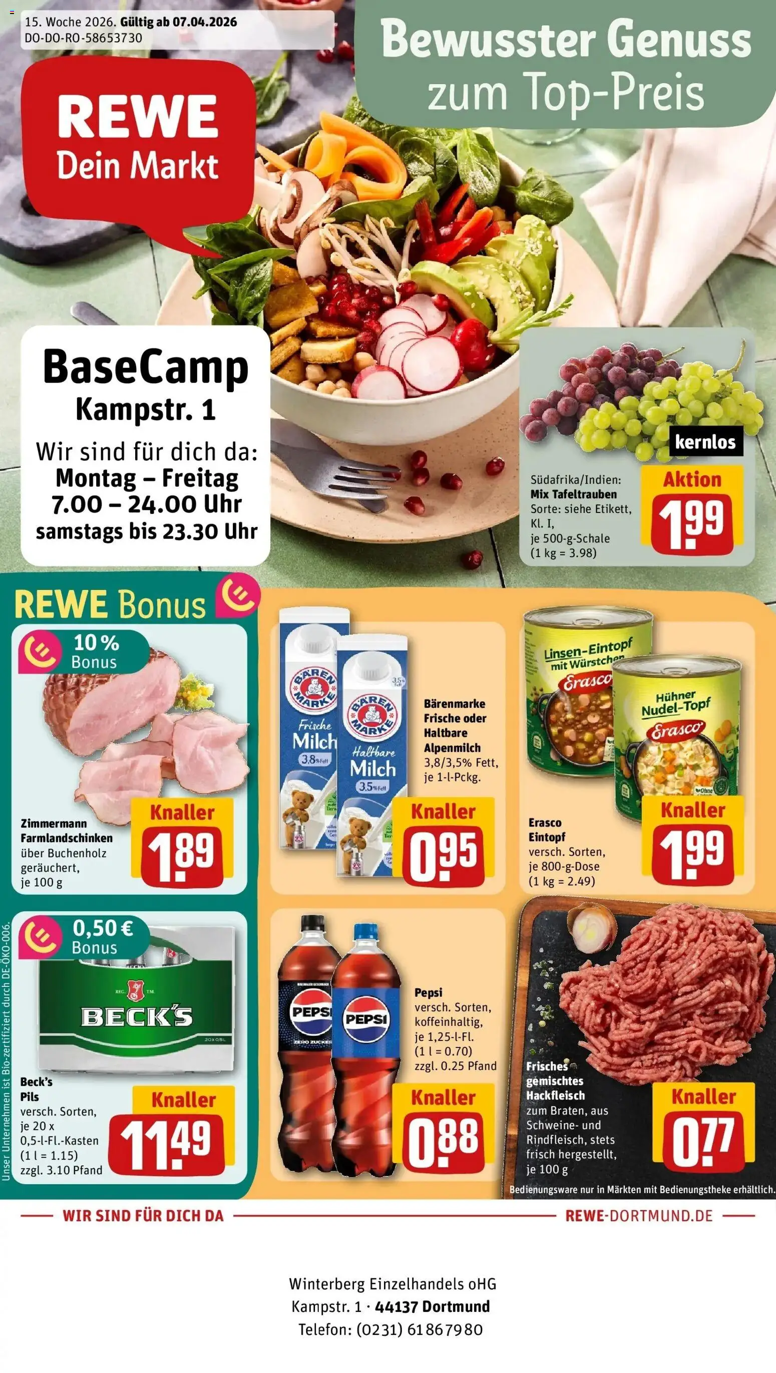 Vorschau von dem Prospekt des Geschäftes Rewe, gültig ab dem 05.04.2026 - Telefon, Cola, Milch, Hackfleisch, Zucker, Pepsi, Pils, Erasco