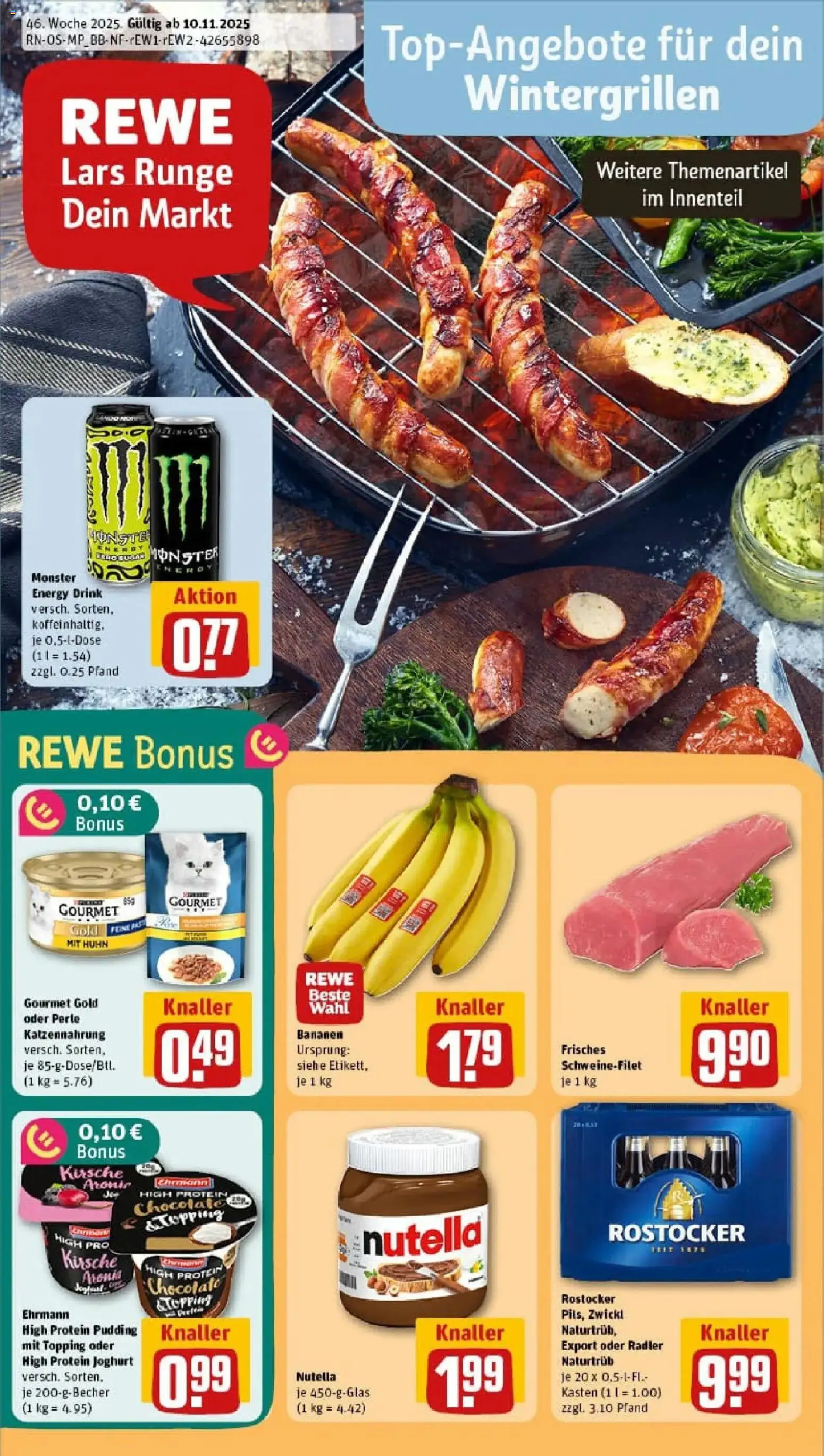 Vorschau von dem Prospekt des Geschäftes Rewe, gültig ab dem 10.11.2025 - Nutella, Joghurt, Bananen, Schweinefilet, Energy, Pudding, Radler, High protein pudding