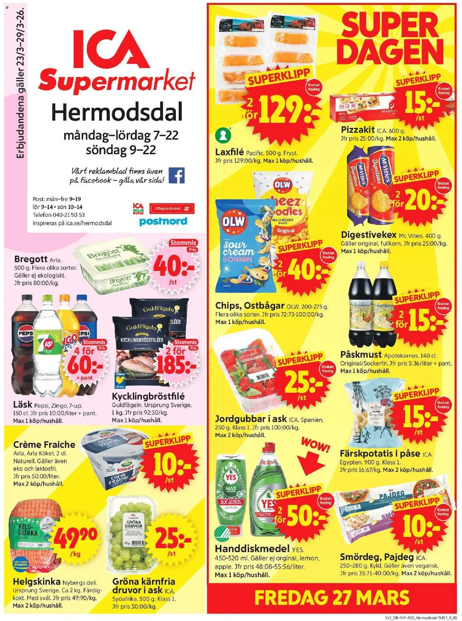 Förhandsgranska reklamblad Malmö från butik ICA Supermarket gäller från 23/03/2026 - Telefon, Creme fraiche, Jordgubbar, Bregott, Galler, Färskpotatis, Pizzakit, Handdiskmedel