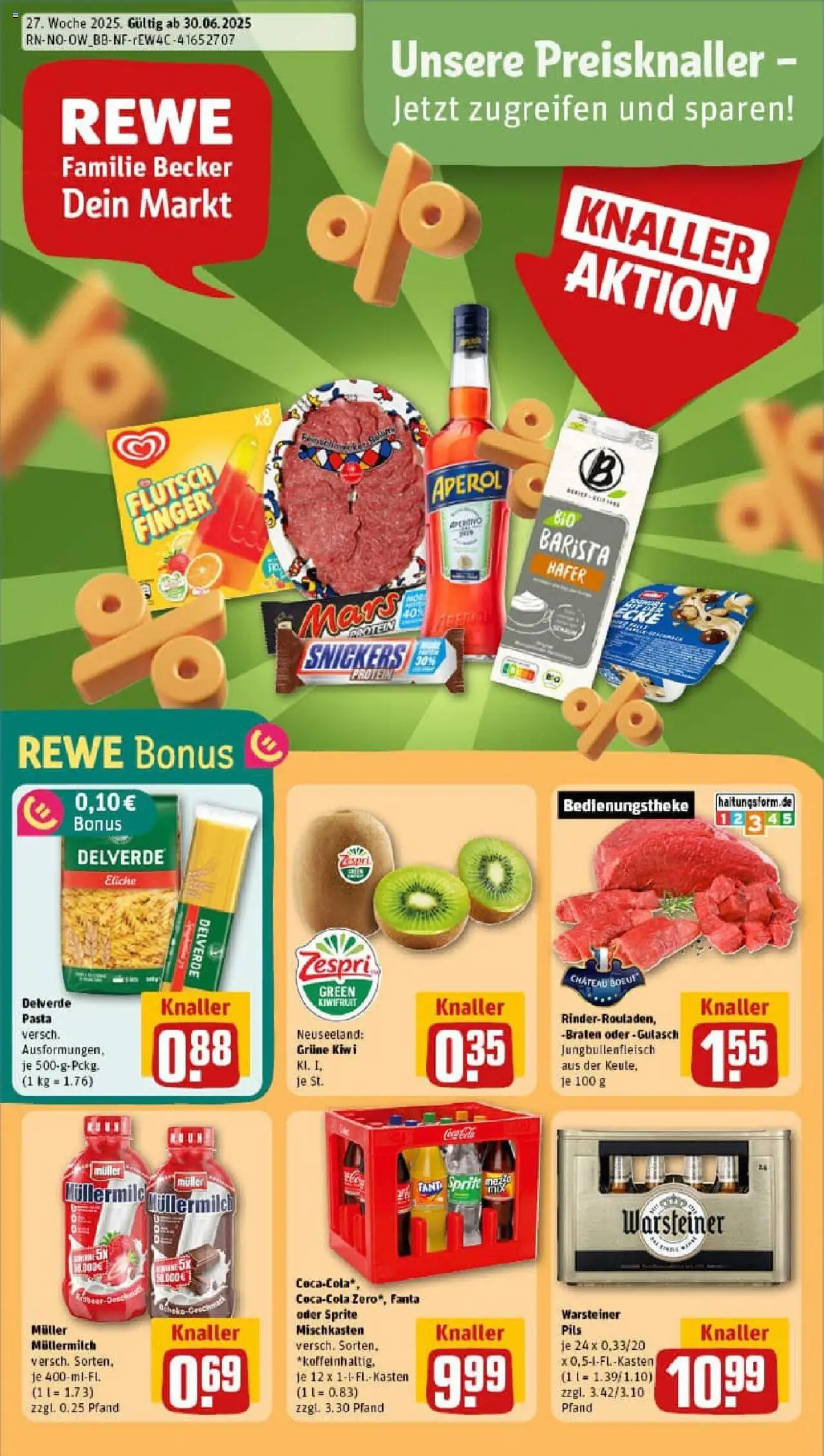 REWE Prospekt ab 29.06.2025 nächste Woche - Prospekt Paderborn - Aperol, Gulasch, Kiwi, Snickers, Fanta, Müllermilch, Sprite, Pils