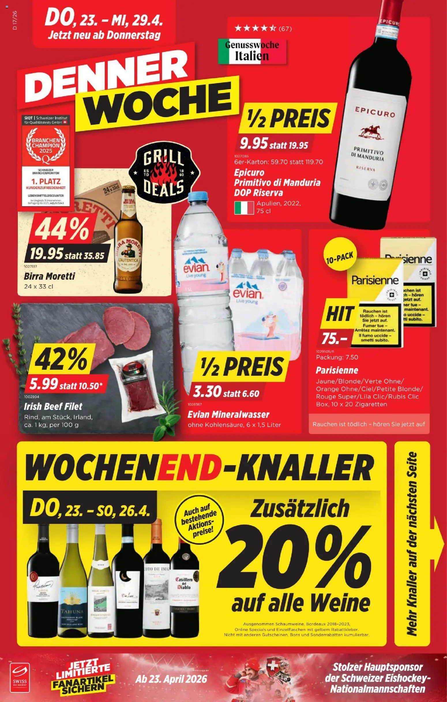 Vorschau des Merkblatts Denner aktionen vom Shop Denner gültig von 23.04.2026 bis 29.04.2026 - Grill, Rouge, Mineralwasser