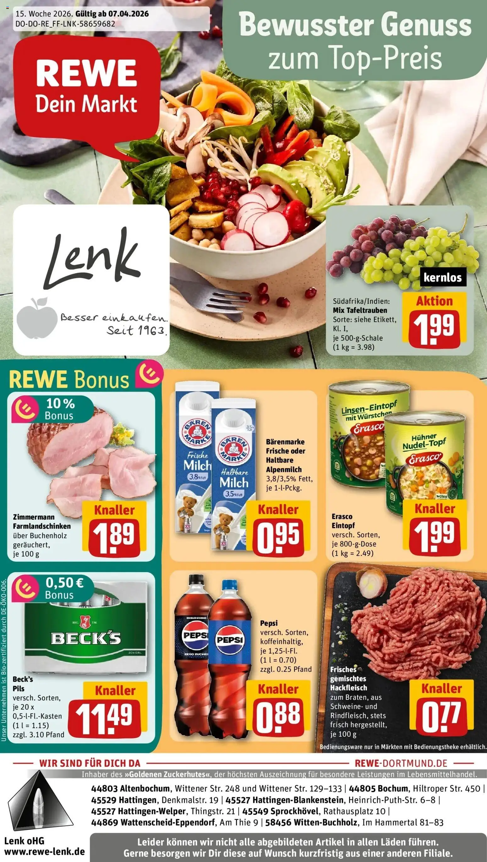 Vorschau von dem Prospekt des Geschäftes Rewe, gültig ab dem 05.04.2026 - Milch, Hackfleisch, Zucker, Pepsi, Pils, Erasco