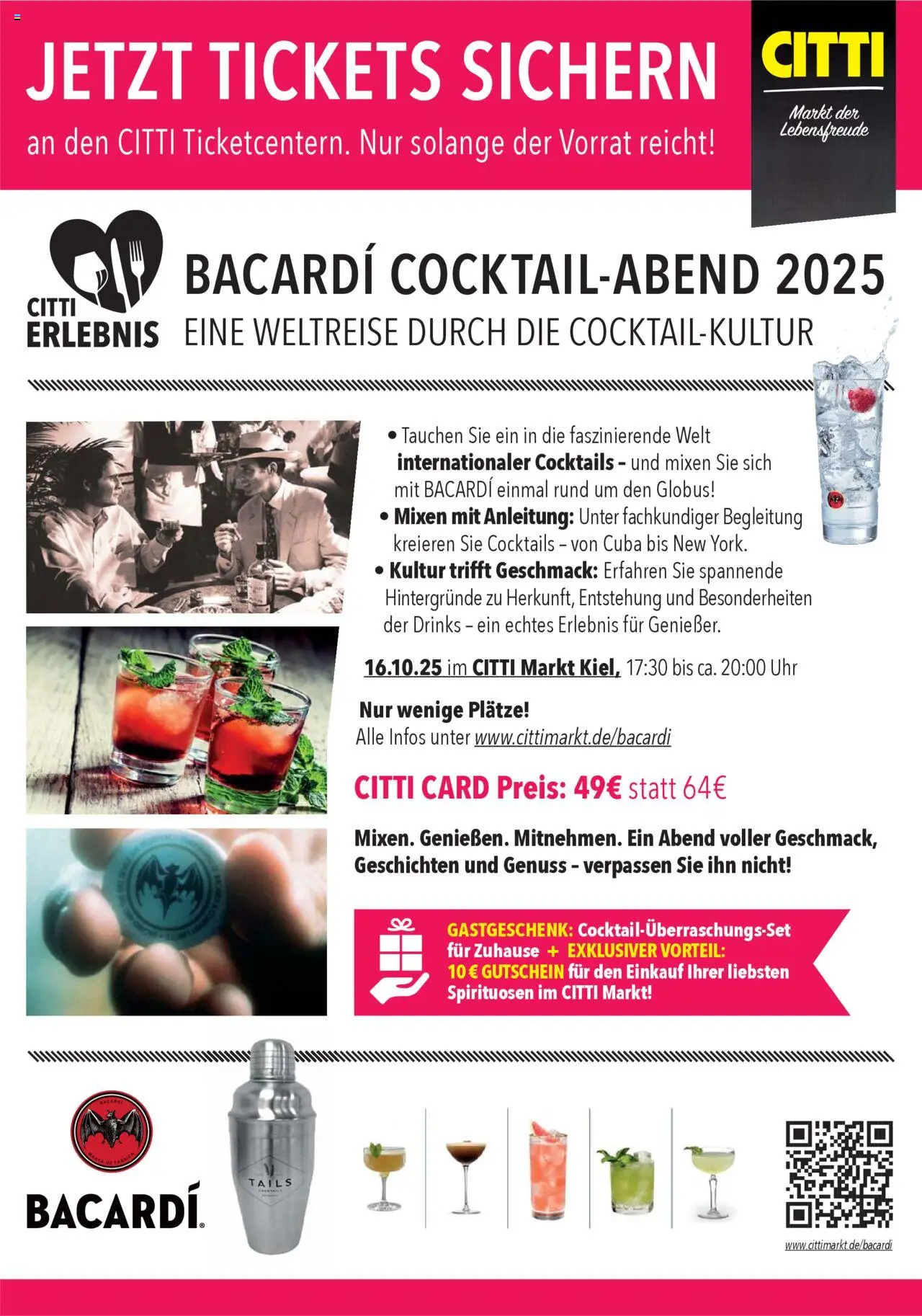 CITTI Markt CITTI Erlebnis Cocktailkurs (vom 29.09.2025 - 15.10.2025) - Uhr, Bacardi