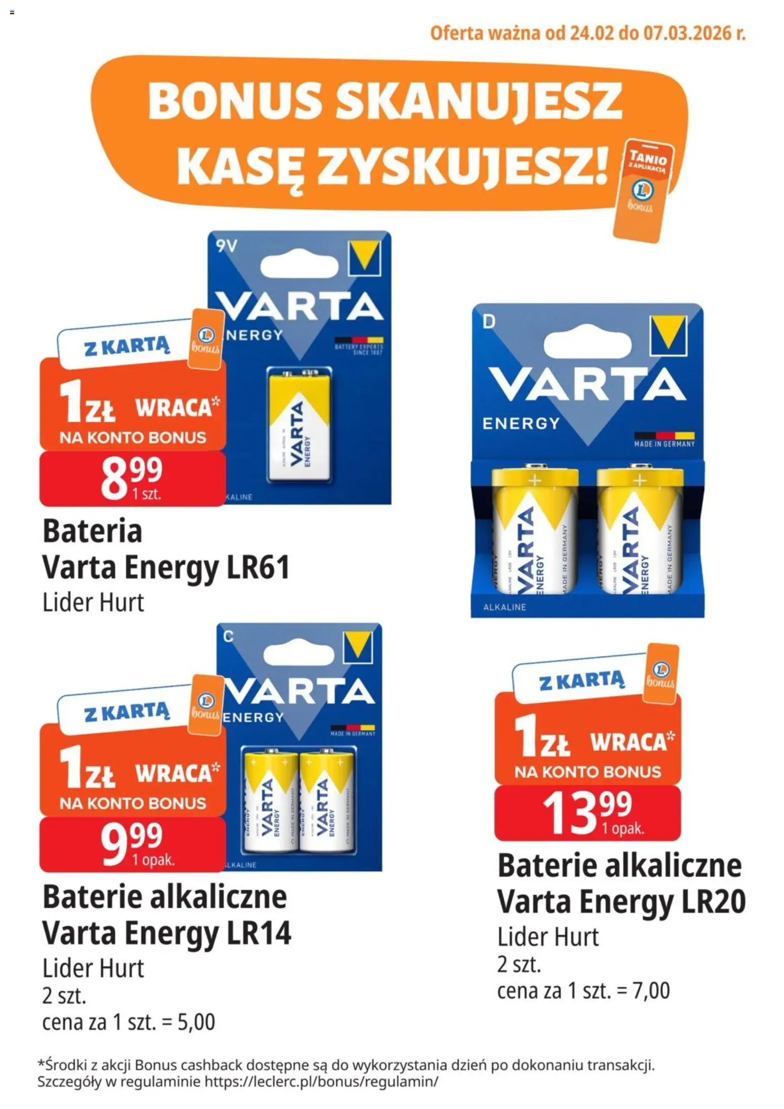 Pogląd gazetki "Kupony dodatkowe" ze sklepu E.Leclerc ważnej od 24.02.2026 - Karta, Bateria, Baterie