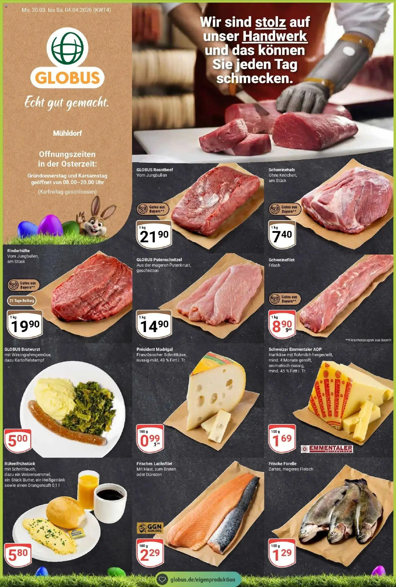 Vorschau von dem Prospekt des Geschäftes Globus, gültig ab dem 30.03.2026 - Uhr, Bratwurst, Roastbeef, Fleisch, Schweinefilet, Orangensaft, Putenschnitzel