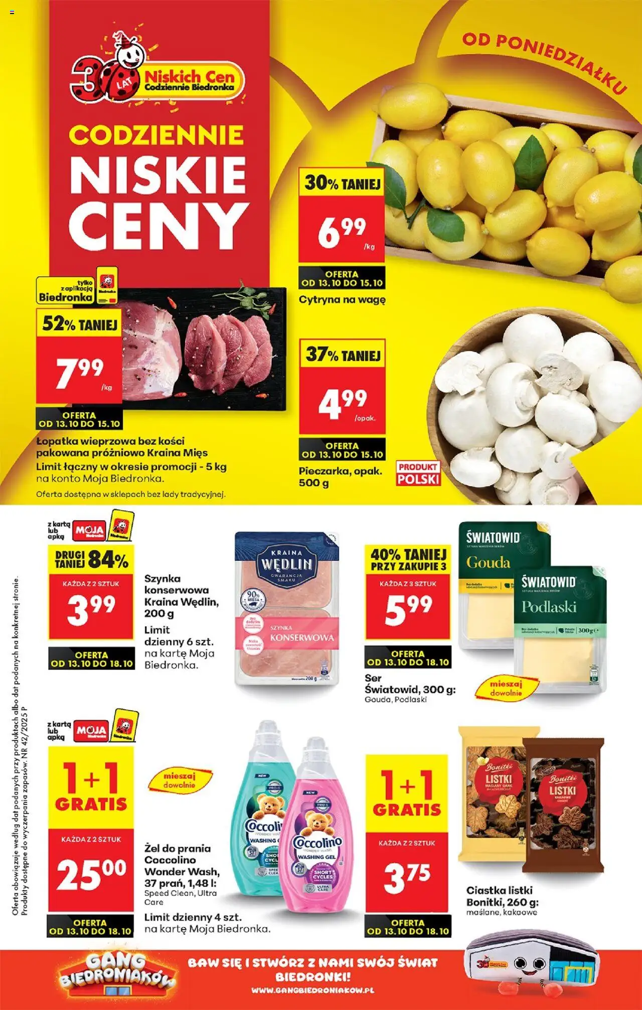 Pogląd gazetki "Nowa gazetka" ze sklepu Biedronka ważnej od 13.10.2025 - Ciastka, Ser, Karta, Szynka, Łopatka wieprzowa, Coccolino, Bonitki, Detergent