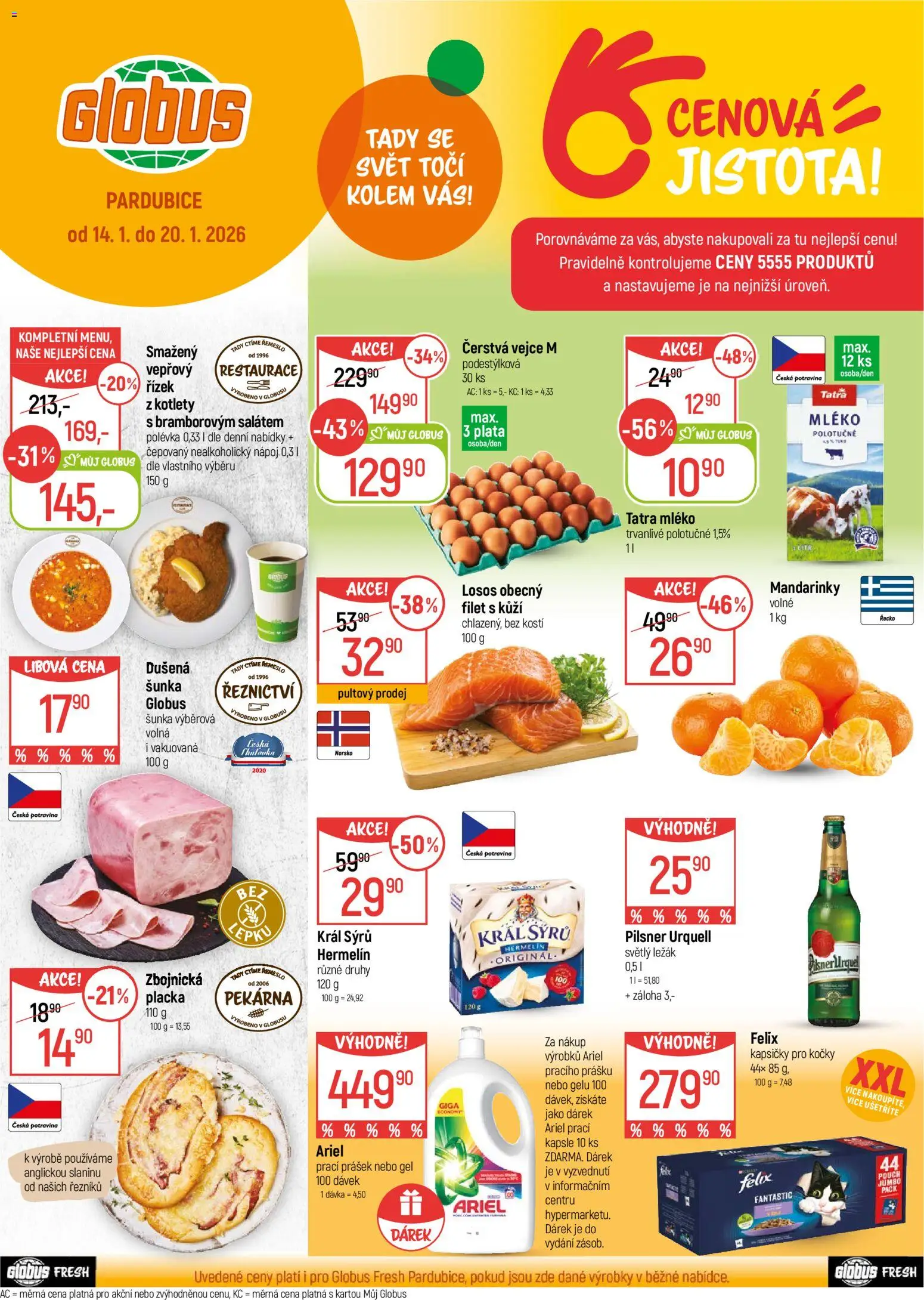 Náhled nabídky: Globus Pardubice platný od 14.01.2026 - Globus, Pekárna, Vejce, Felix, Ariel kapsle, Mandarinky, Vejce M, Kapsičky