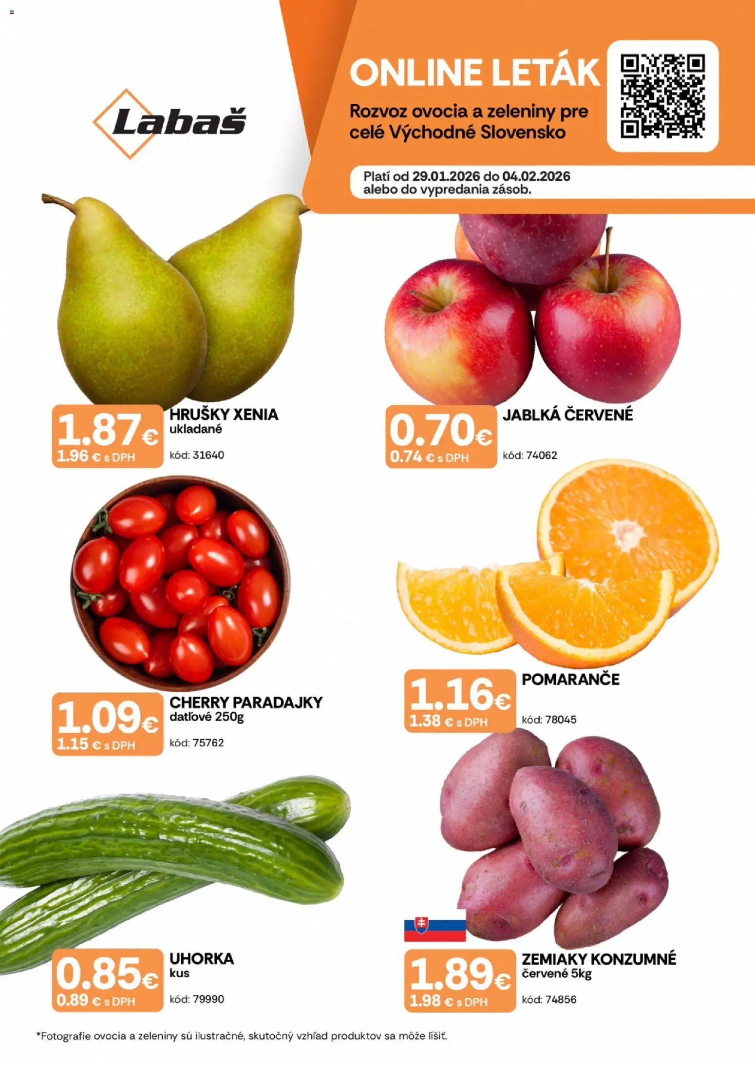 Náhľad Labaš letáku platného od 29.01.2026 - Paradajky, Zemiaky, Jablká, Pomaranče, Hrušky, Cherry paradajky