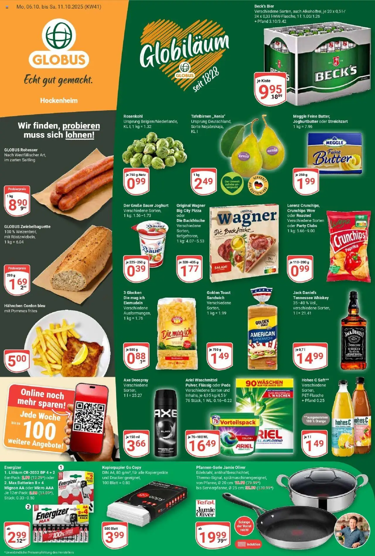 Globus Prospekt ab Montag 06.10.2025 > Prospekt Hockenheim - Pizza, Joghurt, Pommes frites, Whiskey, Waschmittel, Toast, Hohes c, Jack Daniel's