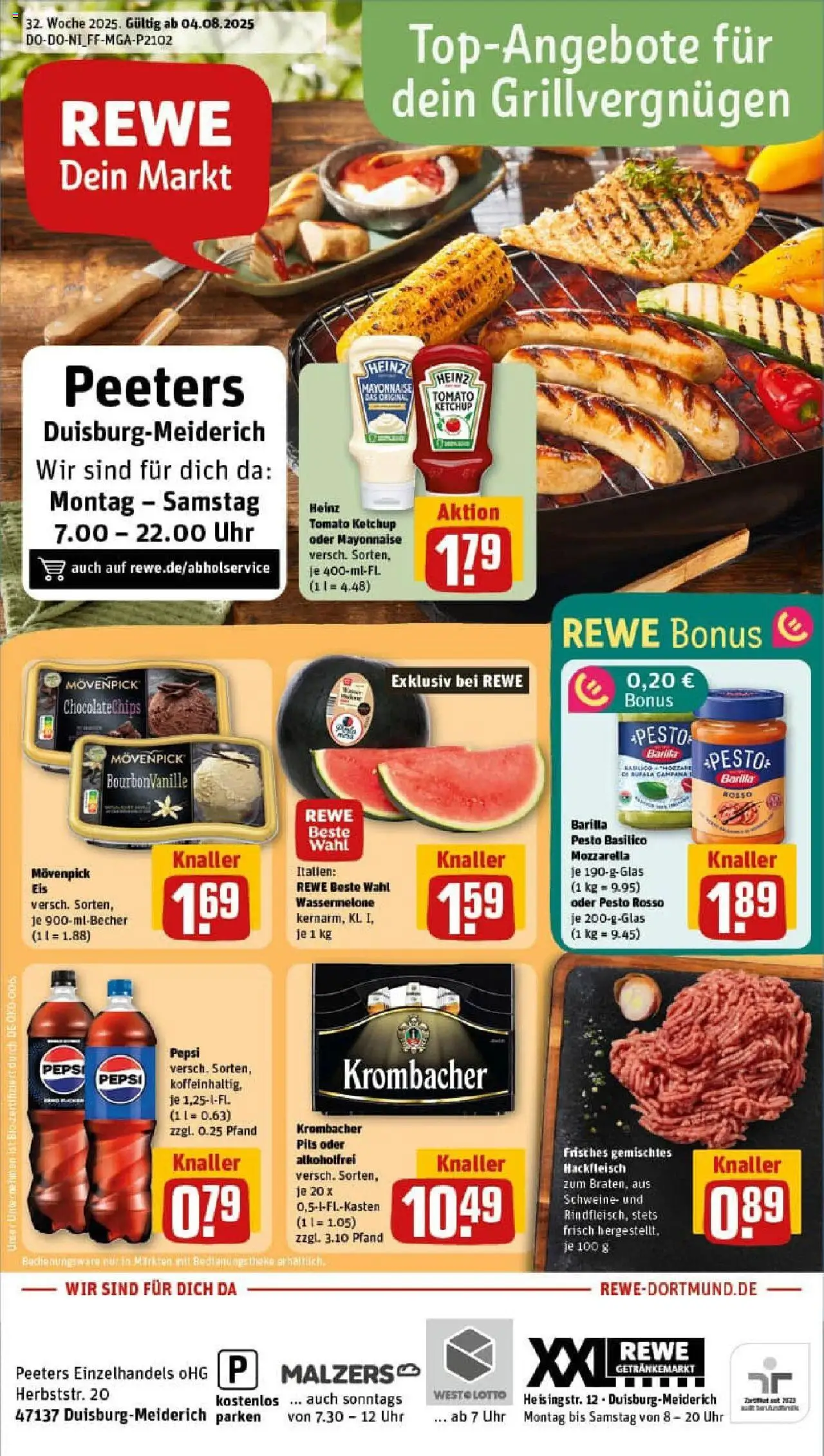 REWE Prospekt ab 03.08.2025 nächste Woche - Prospekt Duisburg - Eis, Uhr, Mozzarella, Krombacher, Barilla, Pepsi, Barilla pesto, Pils
