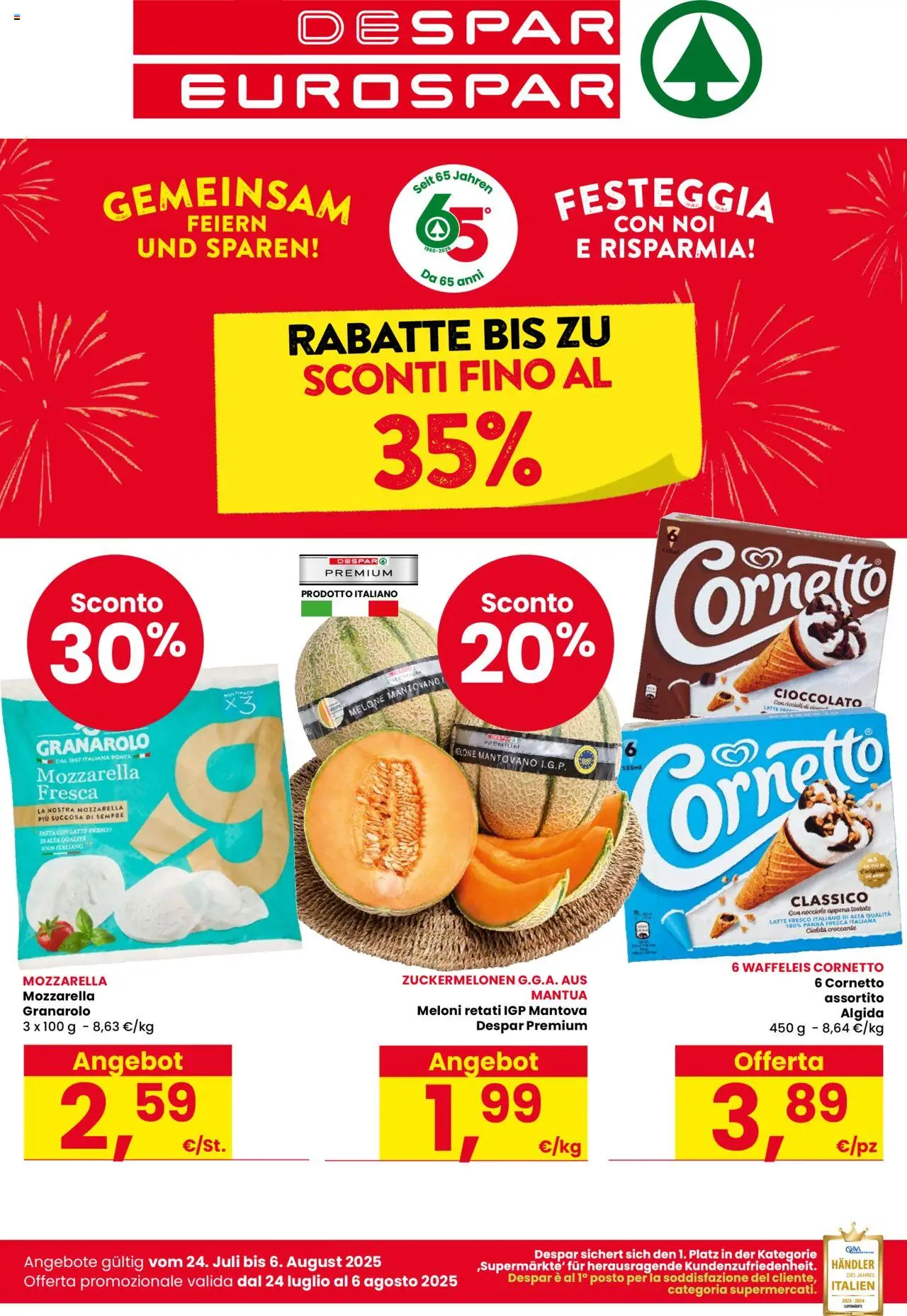 Volantino Despar valido da 24/07/2025 numero di pagina 1 - Cioccolato, Cornetto, Panna, Mozzarella, Latte, Nocciole, Melone, Cialda