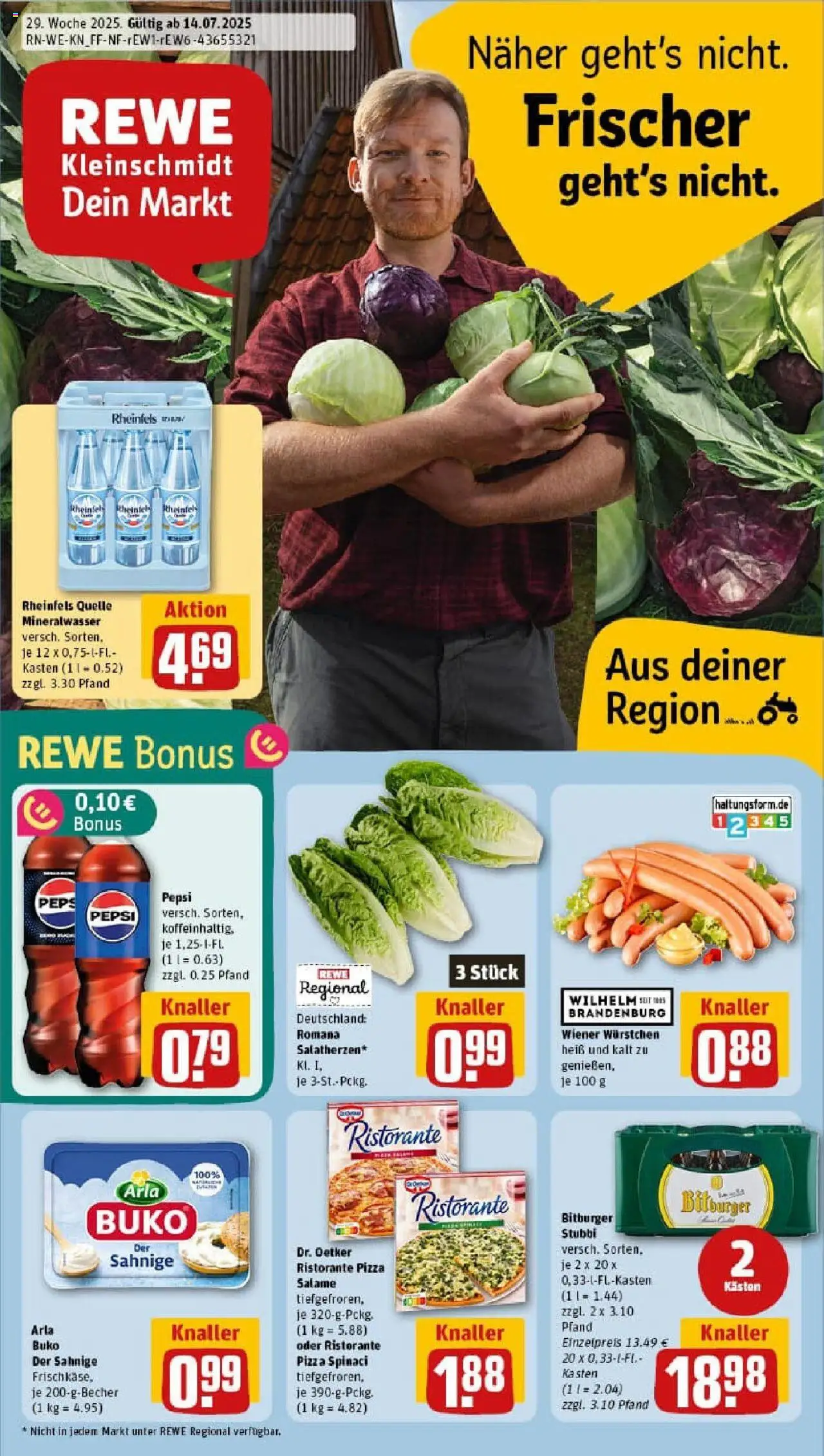 REWE Prospekt ab 13.07.2025 nächste Woche - Prospekt Lindlar / Frielingsdorf - Pizza, Mineralwasser, Ristorante, Bitburger, Pepsi, Rheinfels quelle, Arla buko, Wiener wurstchen