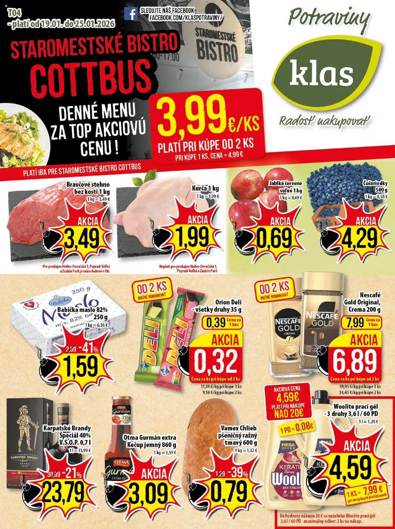 Náhľad Klas letáku platného od 19.01.2026 - Maslo, Mäso, Čučoriedky, Bravčové stehno, Jablká, Nescafé Gold, Kurča, Karpatské brandy