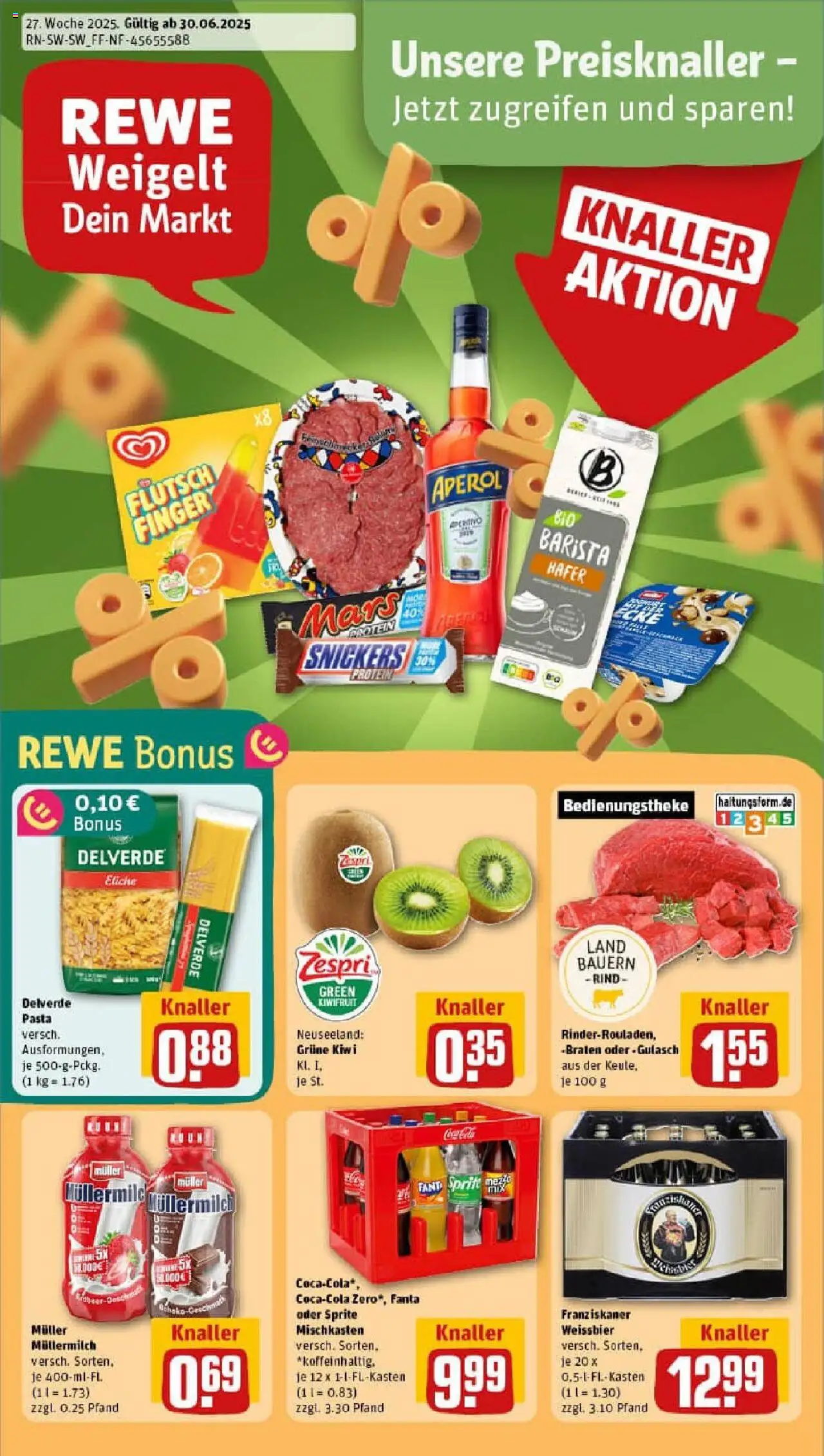 REWE Prospekt ab 29.06.2025 nächste Woche - Prospekt Sachsenheim - Pasta, Aperol, Kiwi, Snickers, Fanta, Franziskaner, Weißbier, Muller mullermilch