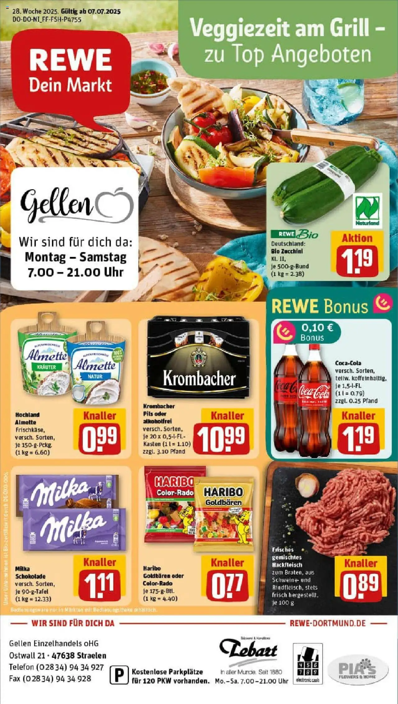 REWE Prospekt ab 06.07.2025 nächste Woche - Prospekt Straelen - Uhr, Haribo, Zucchini, Cola, Top, Krombacher, Milka, Almette