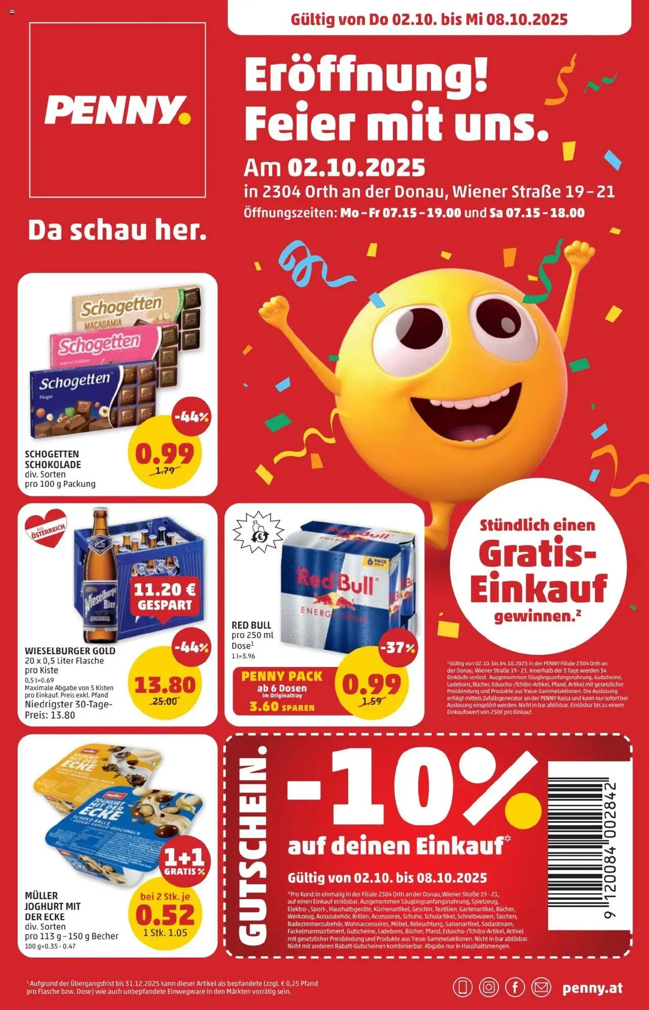  PENNY Flugblatt 02.10.2025 - Angebote "Eröffnung in 2304 Orth an der Donau" - Seite 1 - Schokolade, Bier, Joghurt