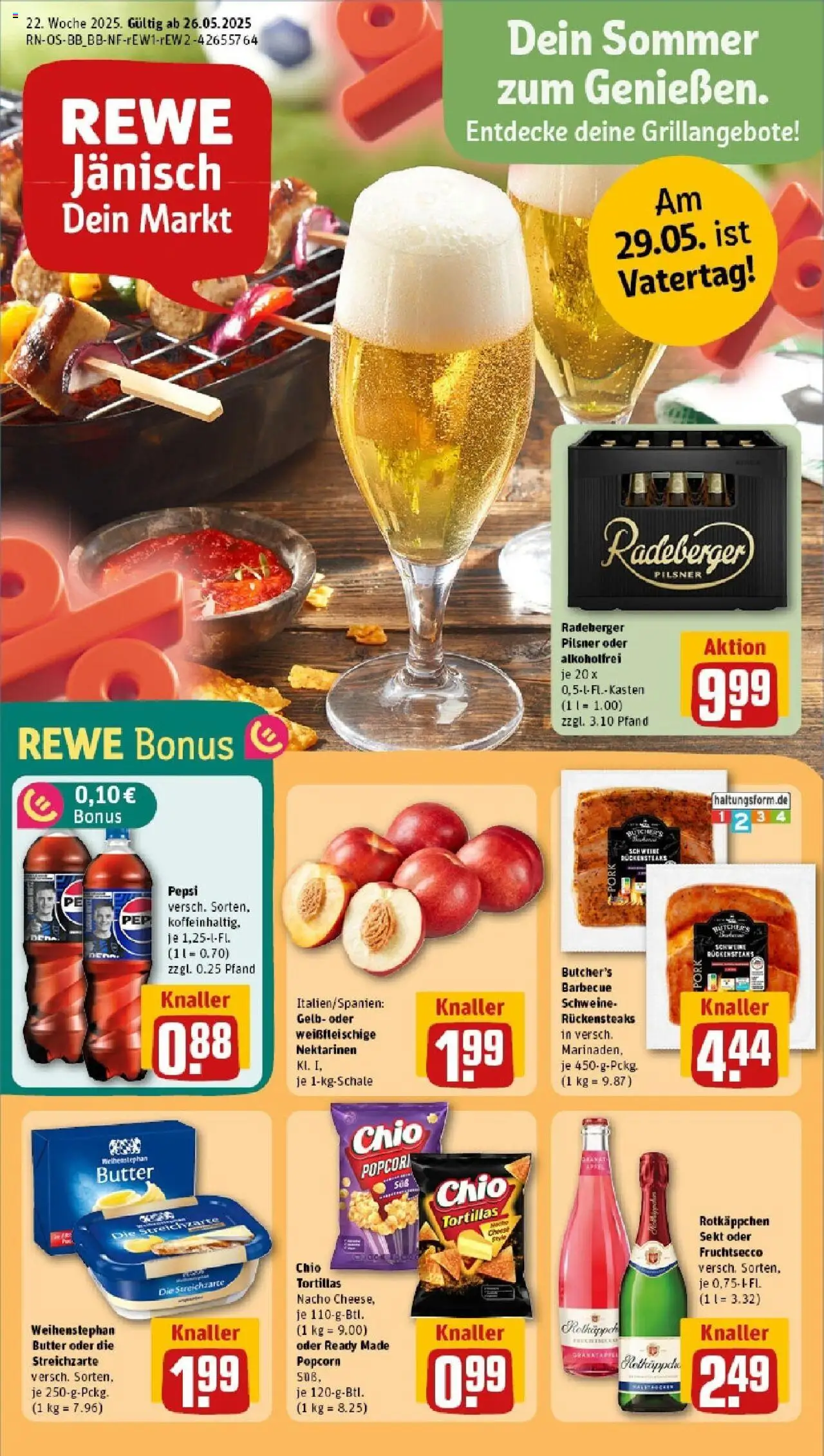 REWE Prospekt ab 25.05.2025 nächste Woche - Prospekt Altlandsberg / Bruchmühle - Chips, Granatapfel, Tortillas, Popcorn, Sekt, Pepsi, Weihenstephan butter, Radeberger pilsner