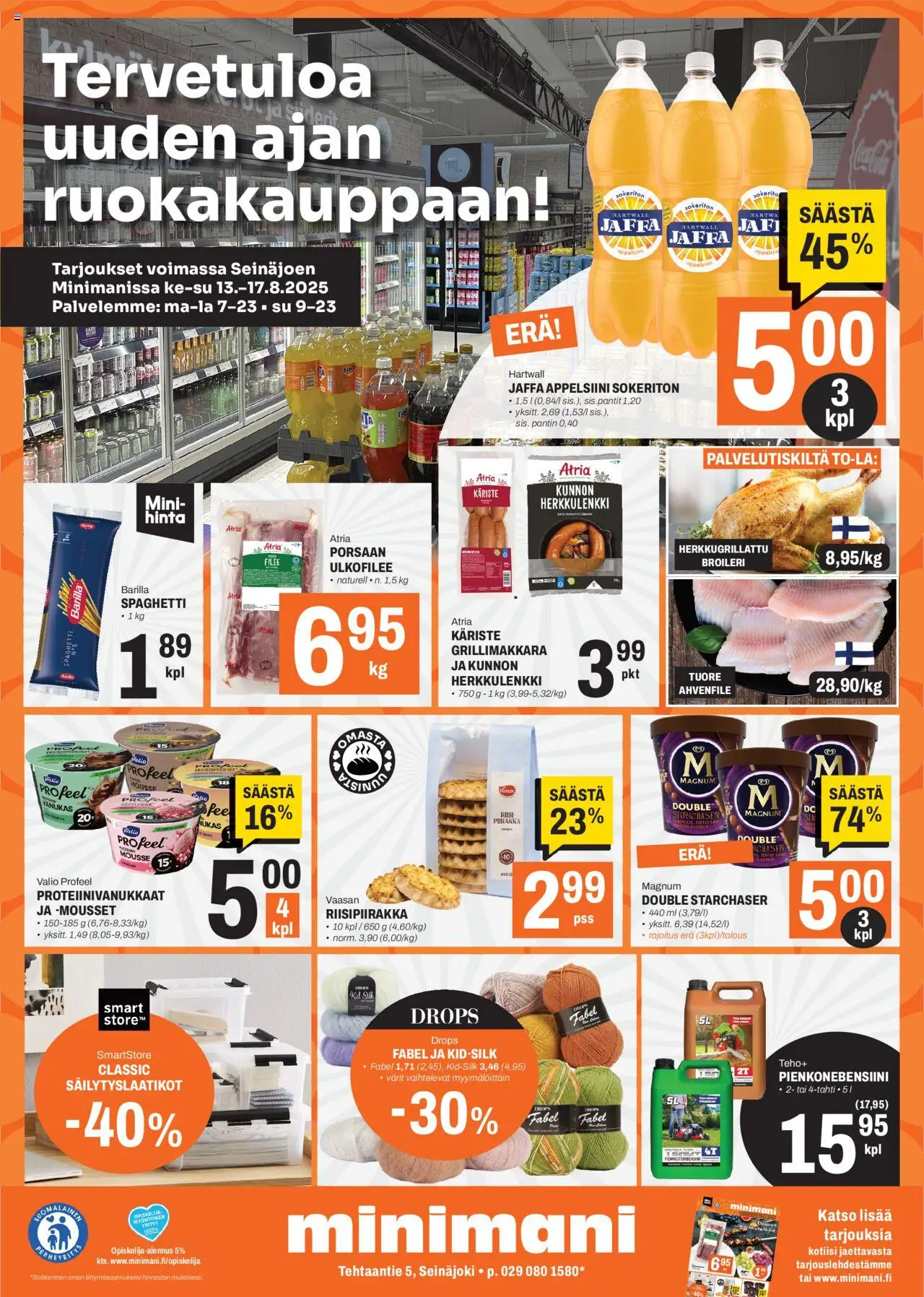 Minimani-kaupan Tarjoukset - Seinäjoki voimassa 13/08/2025 - Sivulla 1 - Riisi, Grillimakkara, Mousse, Säilytyslaatikot