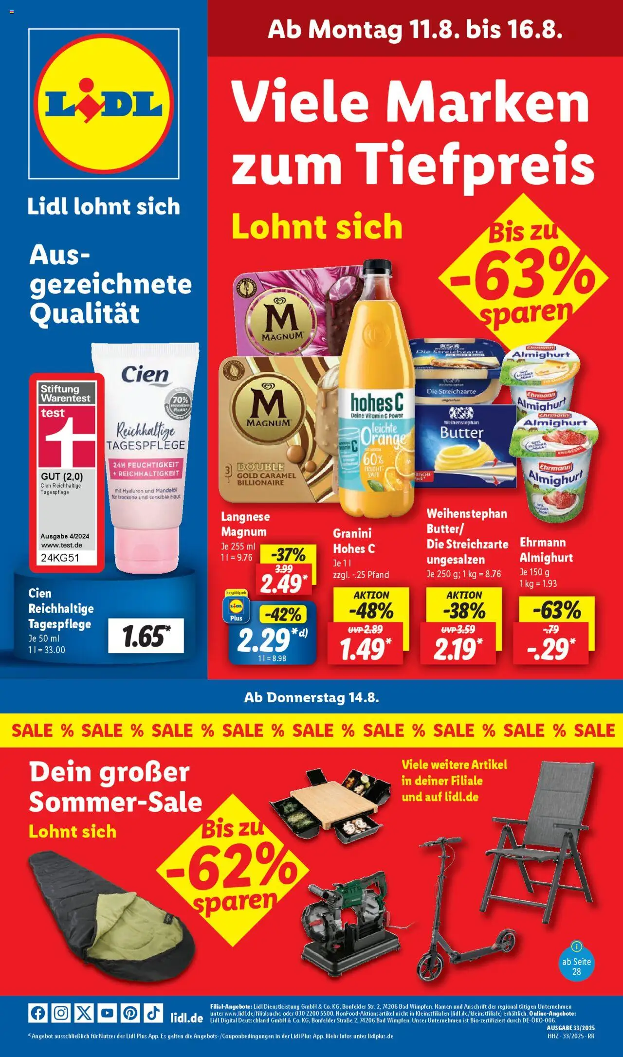 LIDL Prospekt ab Montag 11.08.2025 > Prospekt Solingen - Butter, Bad, Langnese, Granini, Hohes c, Ehrmann almighurt