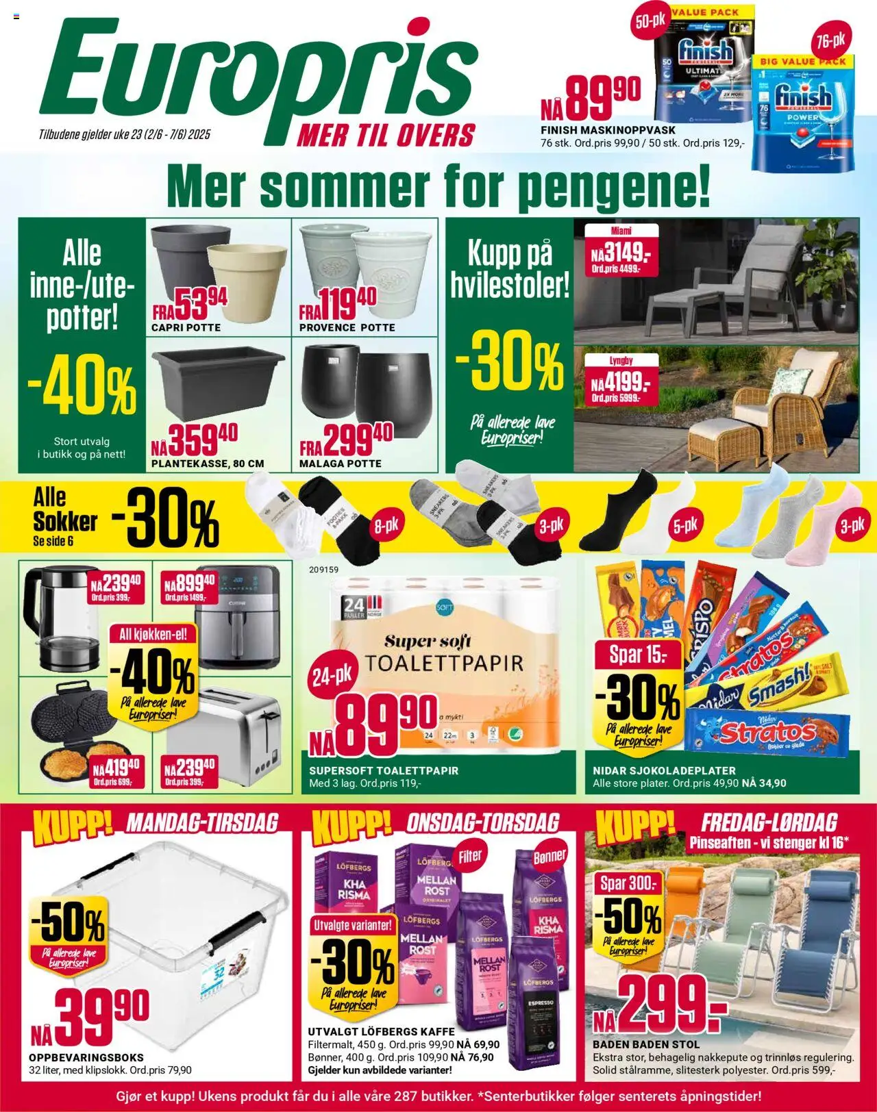 Kundeavis Europris gyldig fra 02/06/2025 - Sidenummer 1 - Sokker, Sneakers, Toalettpapir, Kaffe, Nakkepute, Oppbevaringsboks, Stol, Capri
