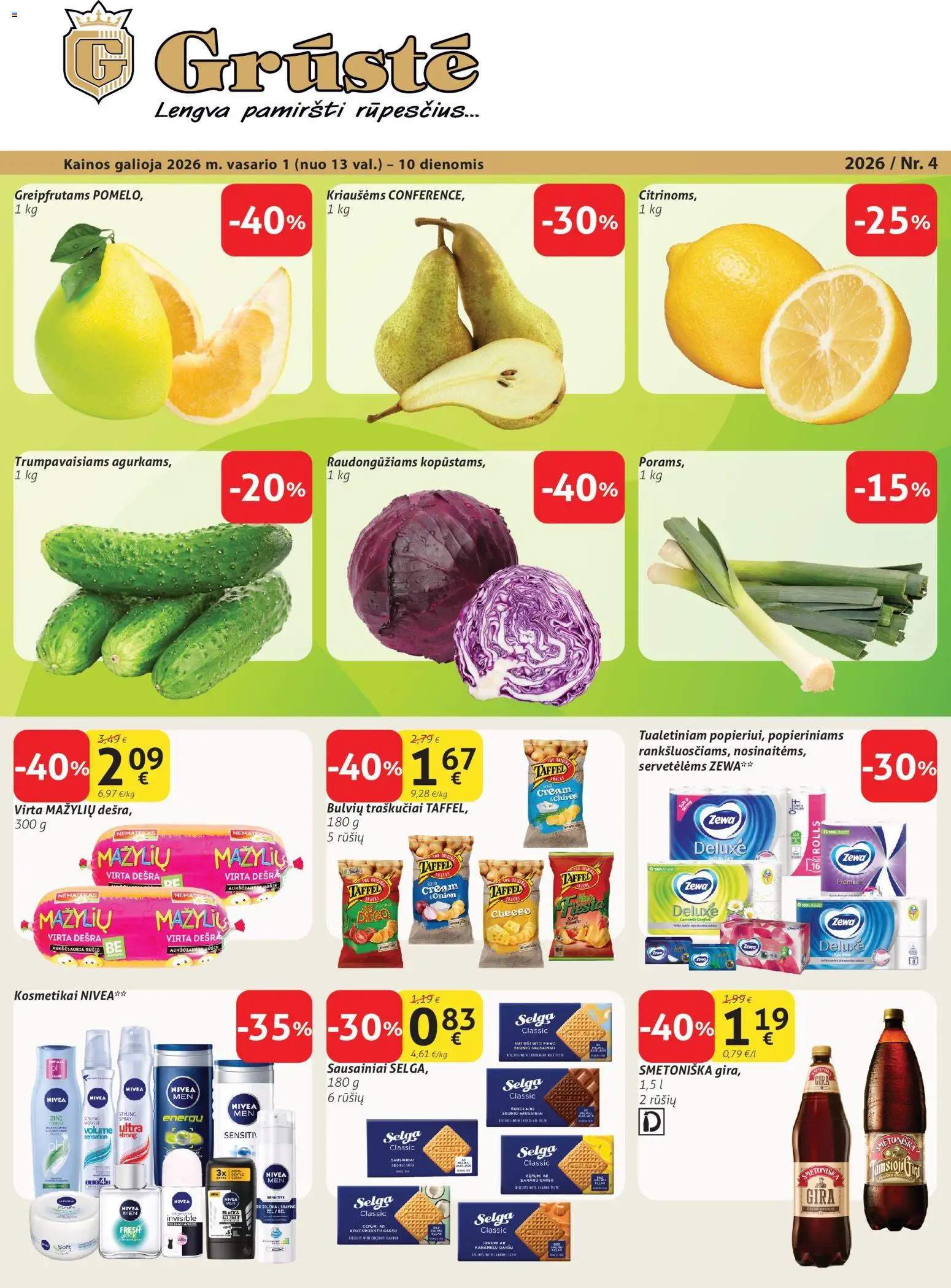 GRUSTE parduotuvės leidinio Leidinys galiojančio nuo 2026.02.01 peržiūra - Sausainiai, Dešra, Traškučiai