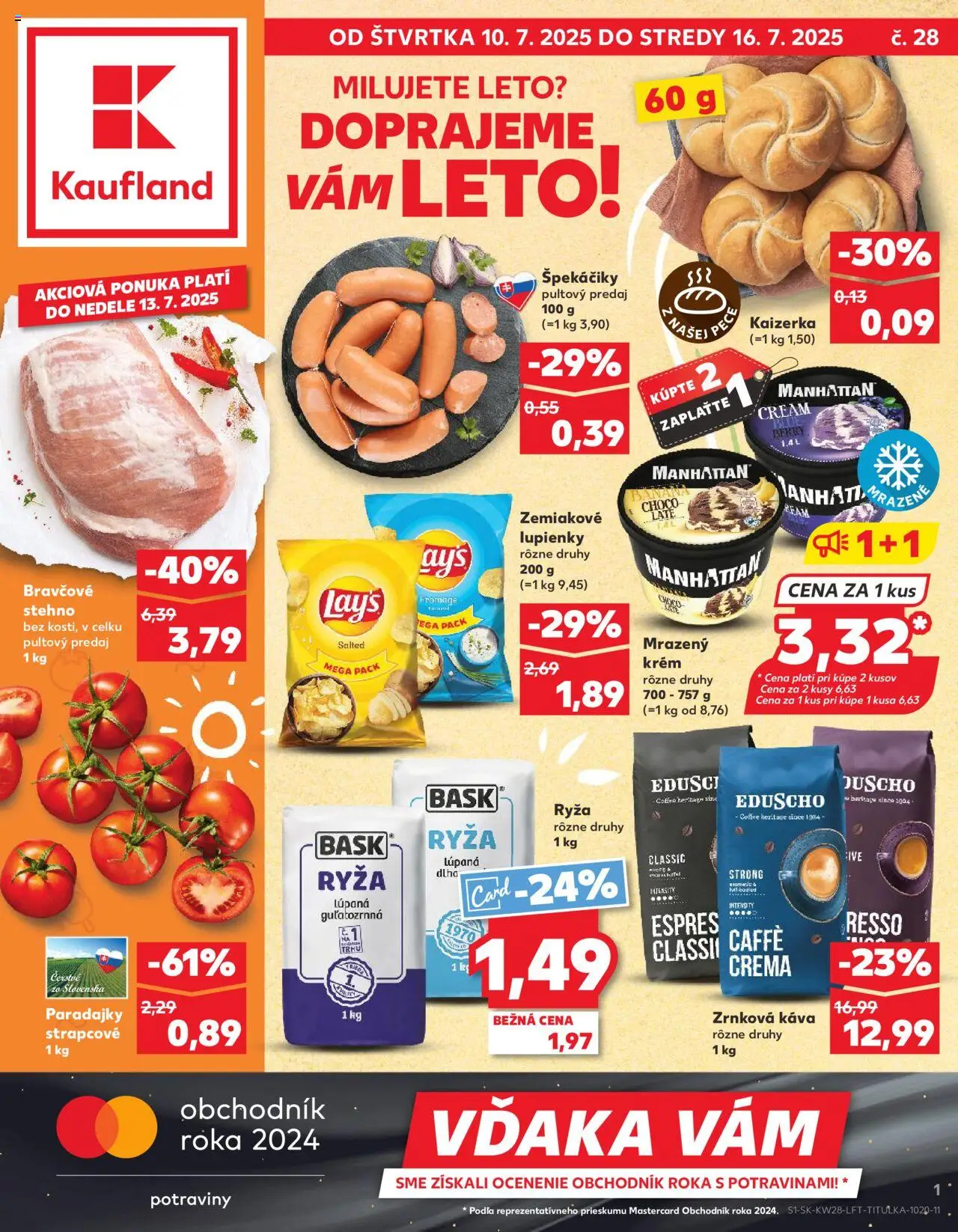 Náhľad Kaufland letáku platného od 10.07.2025 - Káva, Paradajky, Ryža, Zrnková káva, Bravčové stehno, Krém, Špekáčiky