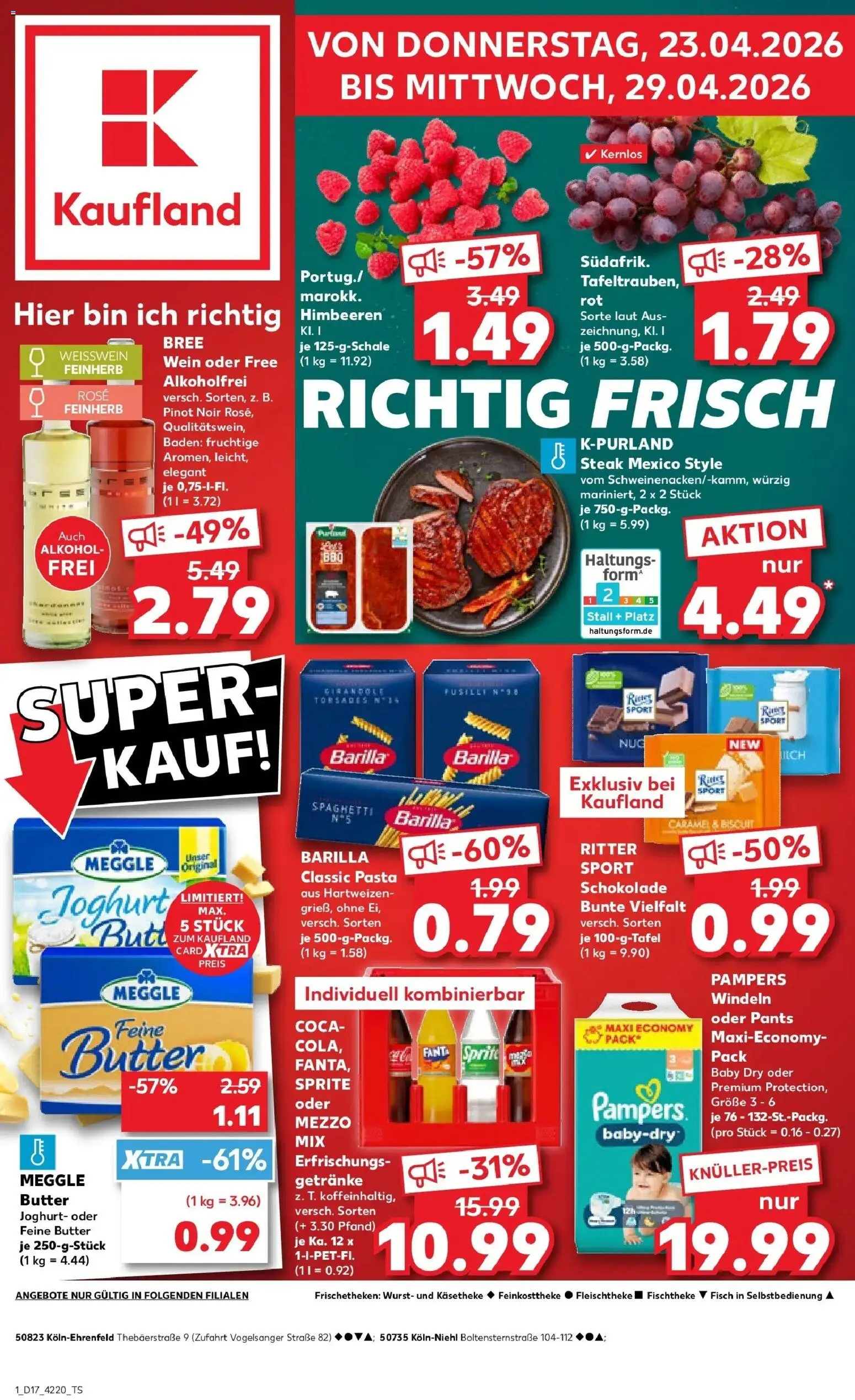 Vorschau von dem Prospekt des Geschäftes Kaufland, gültig ab dem 23.04.2026 - Butter, Pasta, Wurst, Joghurt, Himbeeren, Mezzo mix, Meggle butter, Oder mezzo mix