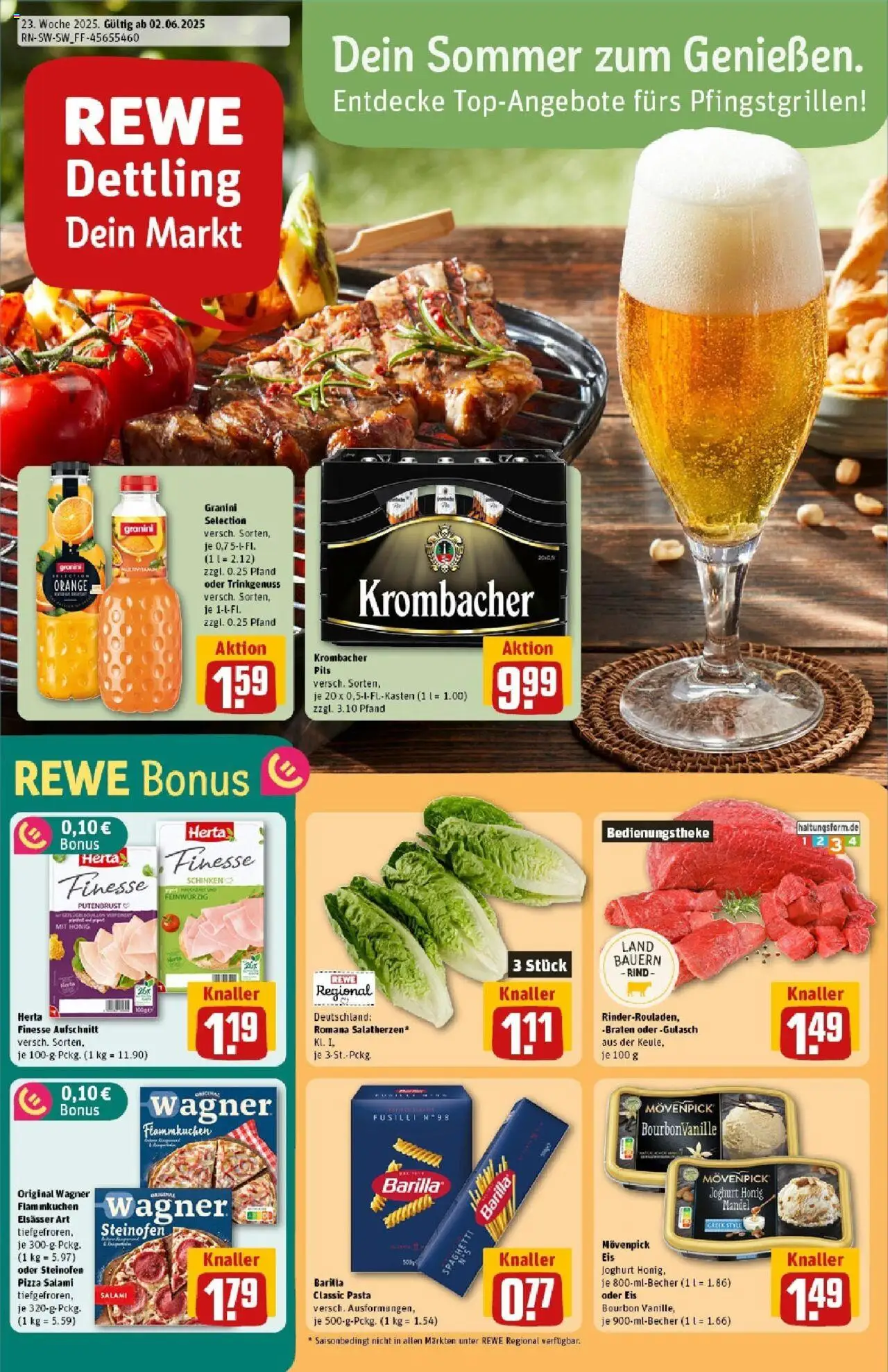 REWE Prospekt ab 01.06.2025 nächste Woche - Prospekt Bad Waldsee - Pizza, Gulasch, Spaghetti, Krombacher, Salami, Schinken, Bourbon, Pils
