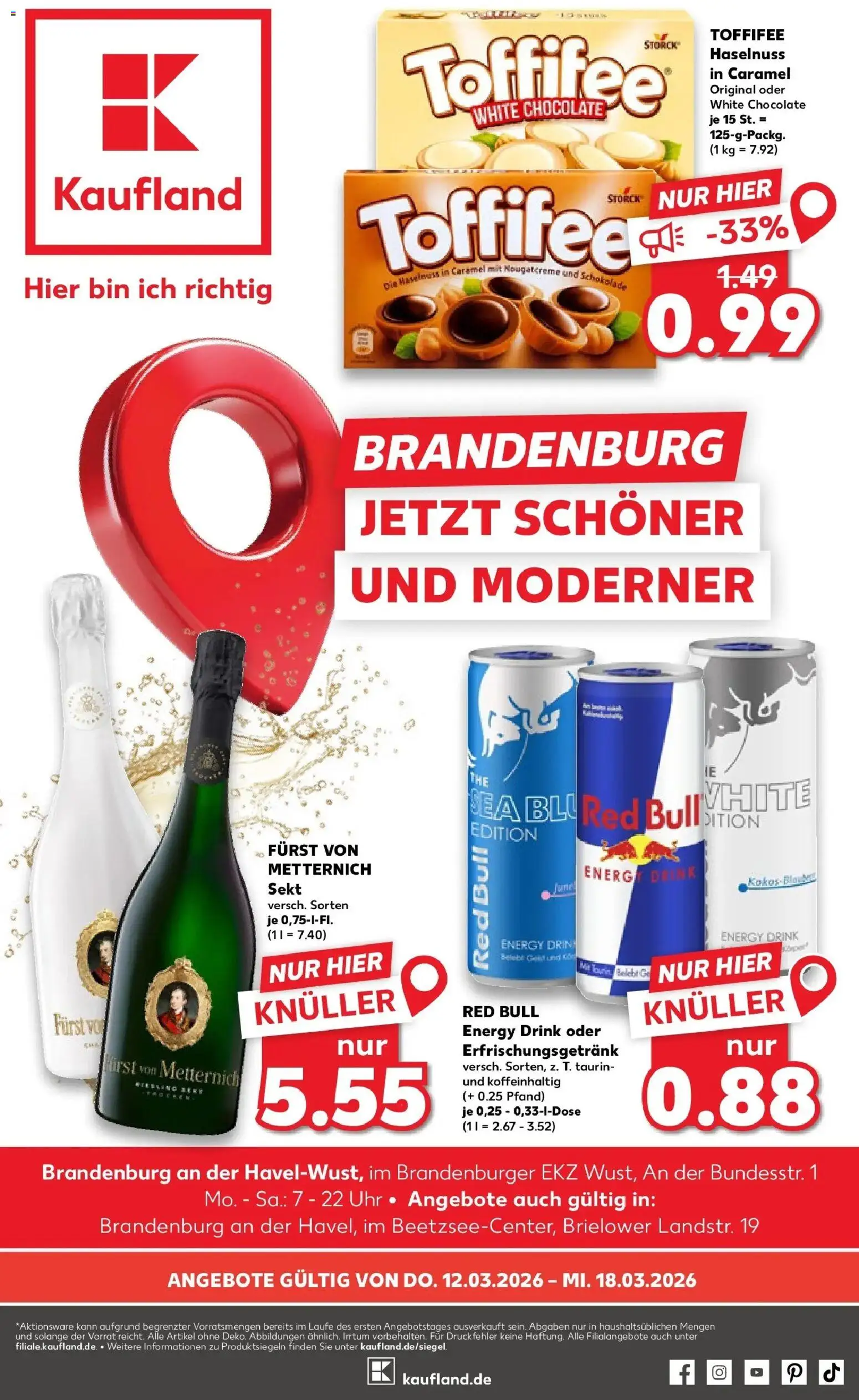 Vorschau von dem Prospekt des Geschäftes Kaufland, gültig ab dem 12.03.2026 - Uhr, Red bull, Schokolade, Toffifee, Energy, Sekt, Furst von metternich