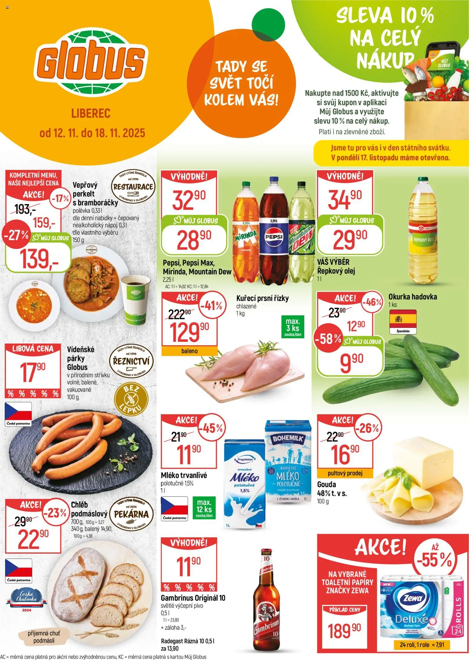 Náhled nabídky: Globus Liberec platný od 12.11.2025 - Pivo, Mléko, Radegast, Pepsi, Gouda, Hadovka, Kuřecí prsní řízky, Trvanlivé mléko