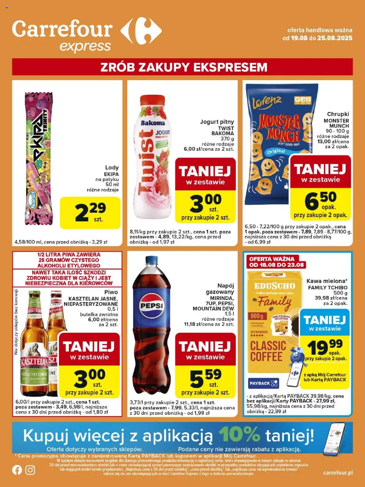 Carrefour Express od 19.08.2025 - Nowa Gazetka - Numer strony 1 - Lody, Tchibo, Kawa, Piwo, Pepsi, Karta, Jogurt, Jogurt pitny