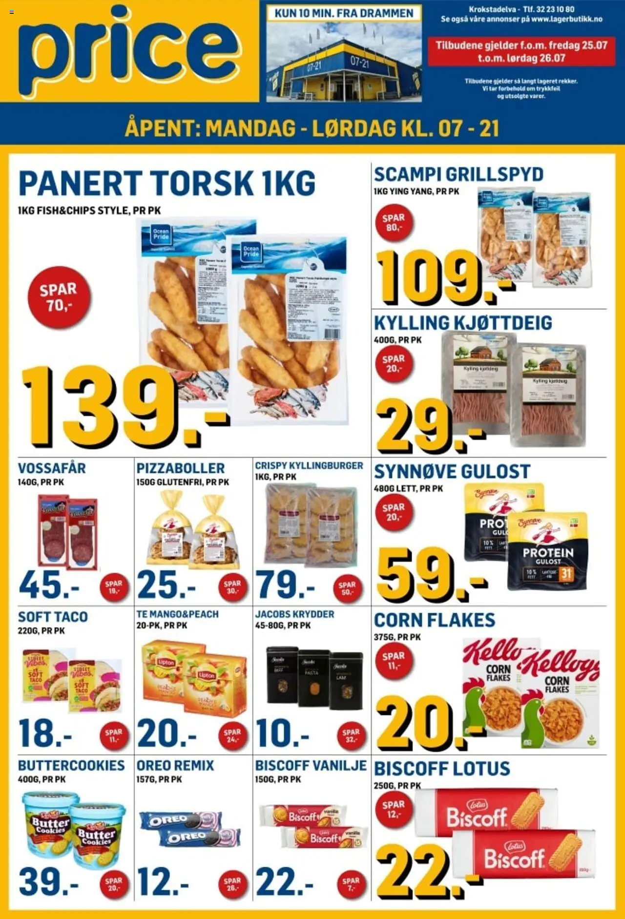 Kundeavis Price Lagerbutikk gyldig fra 25/07/2025 - Sidenummer 1 - Kyllingburger, Torsk, Kylling, Te, Kjøttdeig, Panert torsk, Lotus, Scampi