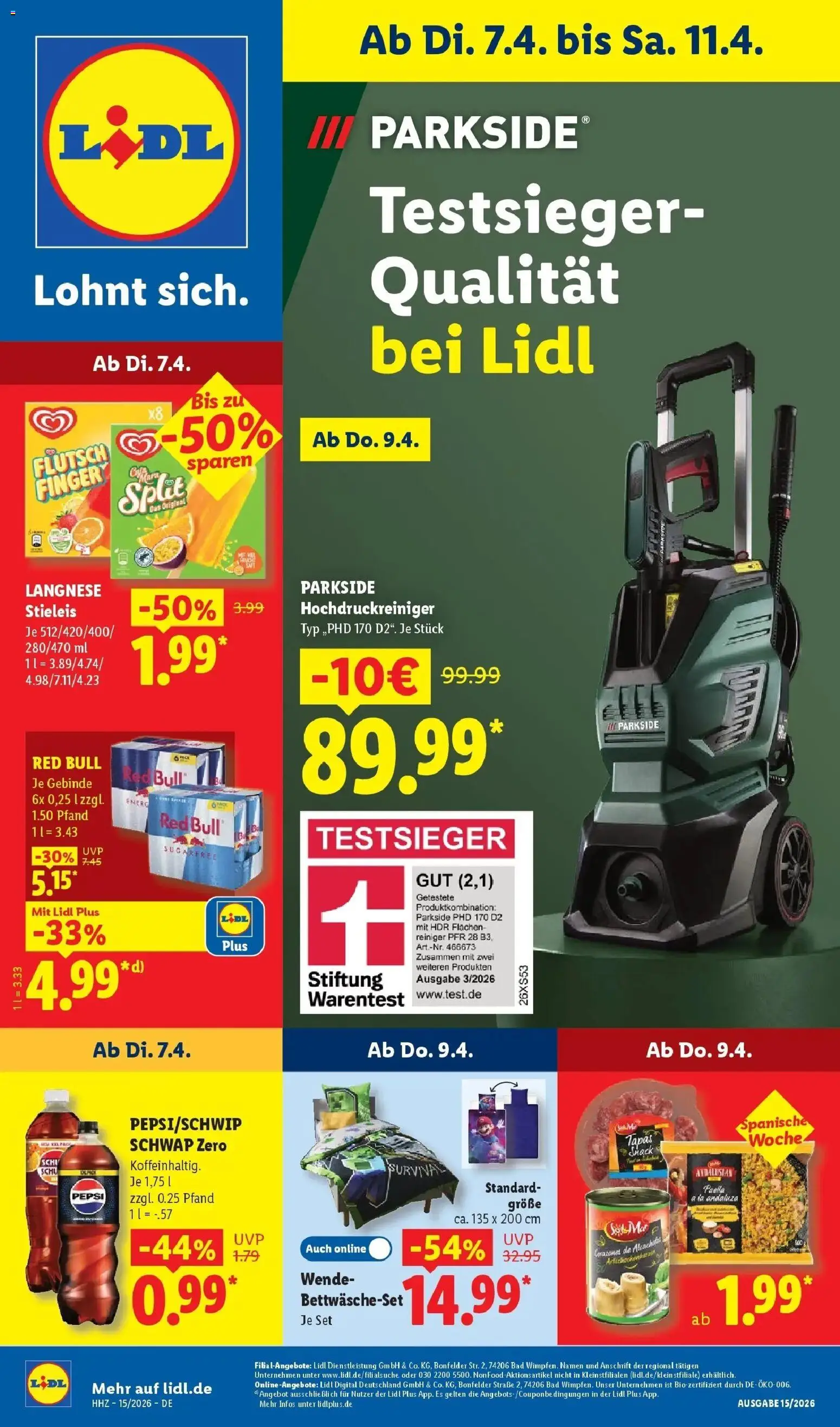 Vorschau von dem Prospekt des Geschäftes Lidl, gültig ab dem 05.04.2026 - Red bull, Bad, Hochdruckreiniger, Pepsi, Langnese