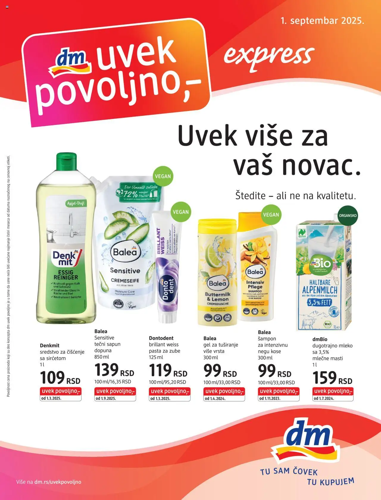 Pregled DM Drogerie kataloga - važi od 01.09.2025 - Pasta, Mleko, Pasta za zube, Šampon, Sredstvo za čišćenje, Dugotrajno mleko, Gel za tuširanje, Tečni sapun