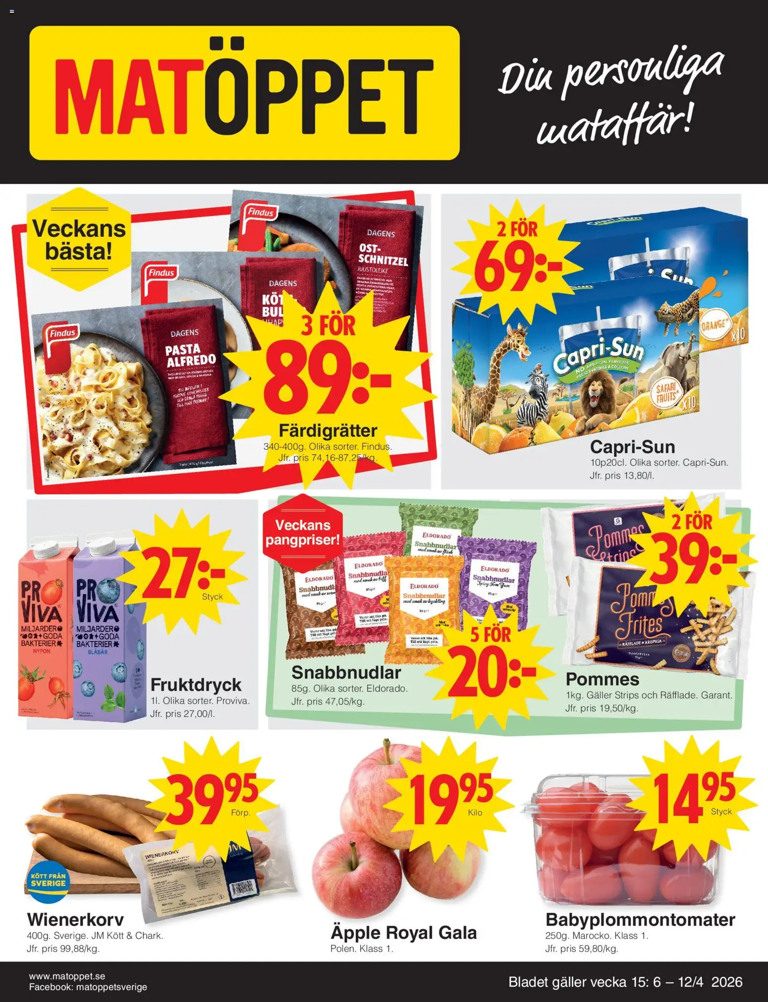 Förhandsgranska reklamblad Matöppet erbjudanden från butik Matöppet gäller från 06/04/2026 - Pasta, Ost, Kött, Äpple, Fläsk, Wienerkorv, Färdigrätter, Kyckling