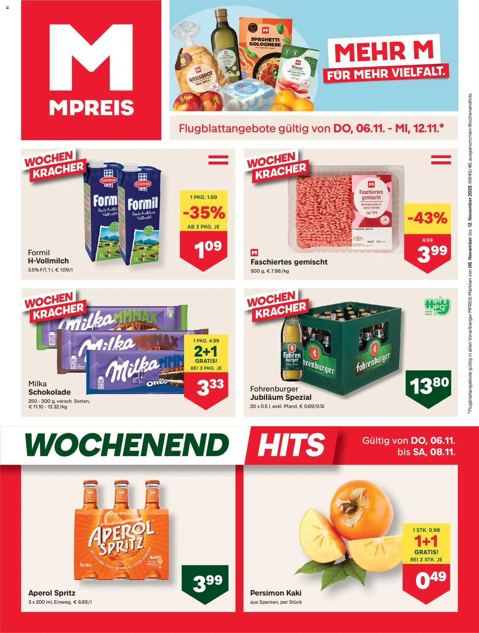 Vorschau der Angebote: MPREIS Hohenems gültig ab 06.11.2025 - Eis, Burger, Schokolade, Aperol, Spaghetti, Kaki, Vollmilch
