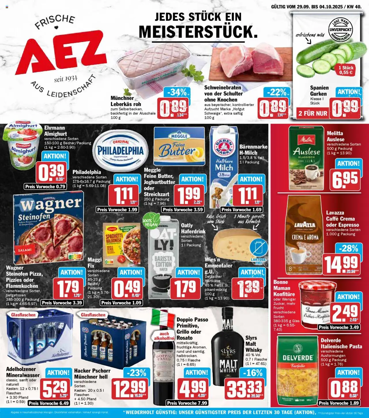 AEZ Prospekt (vom 29.09.2025 - 04.10.2025) - Butter, Whisky, Spaghetti, Philadelphia, Adelholzener, Doppio Passo, Schulter, Haferdrink