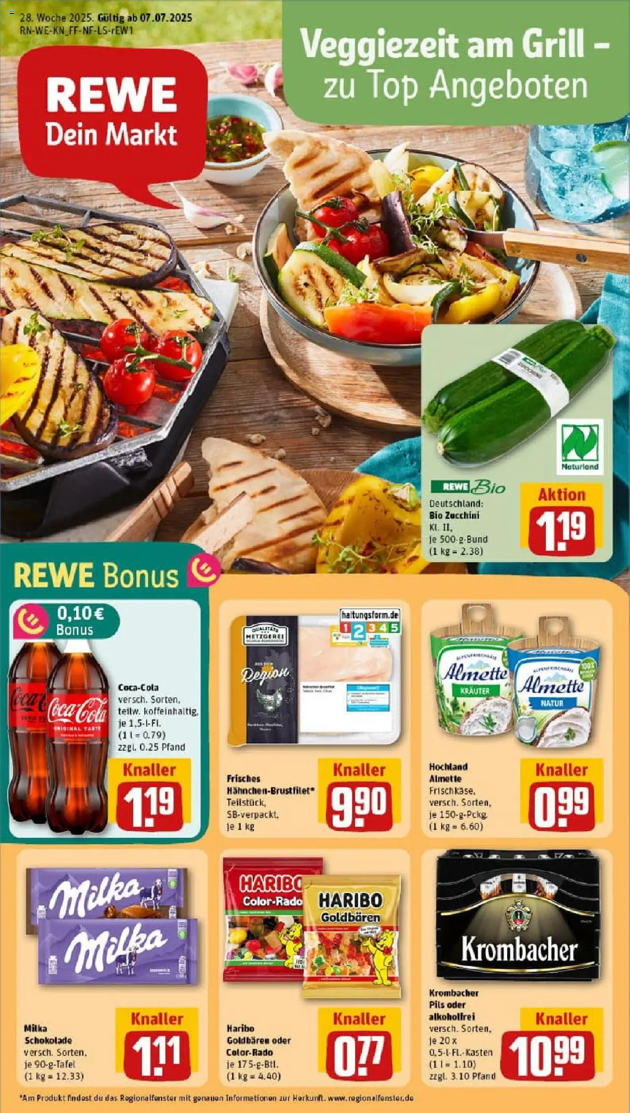 REWE Prospekt ab 06.07.2025 nächste Woche - Prospekt Leverkusen / Wiesdorf - Schokolade, Coca cola, Zucchini, Grill, Cola, Milka schokolade, Krombacher, Pils
