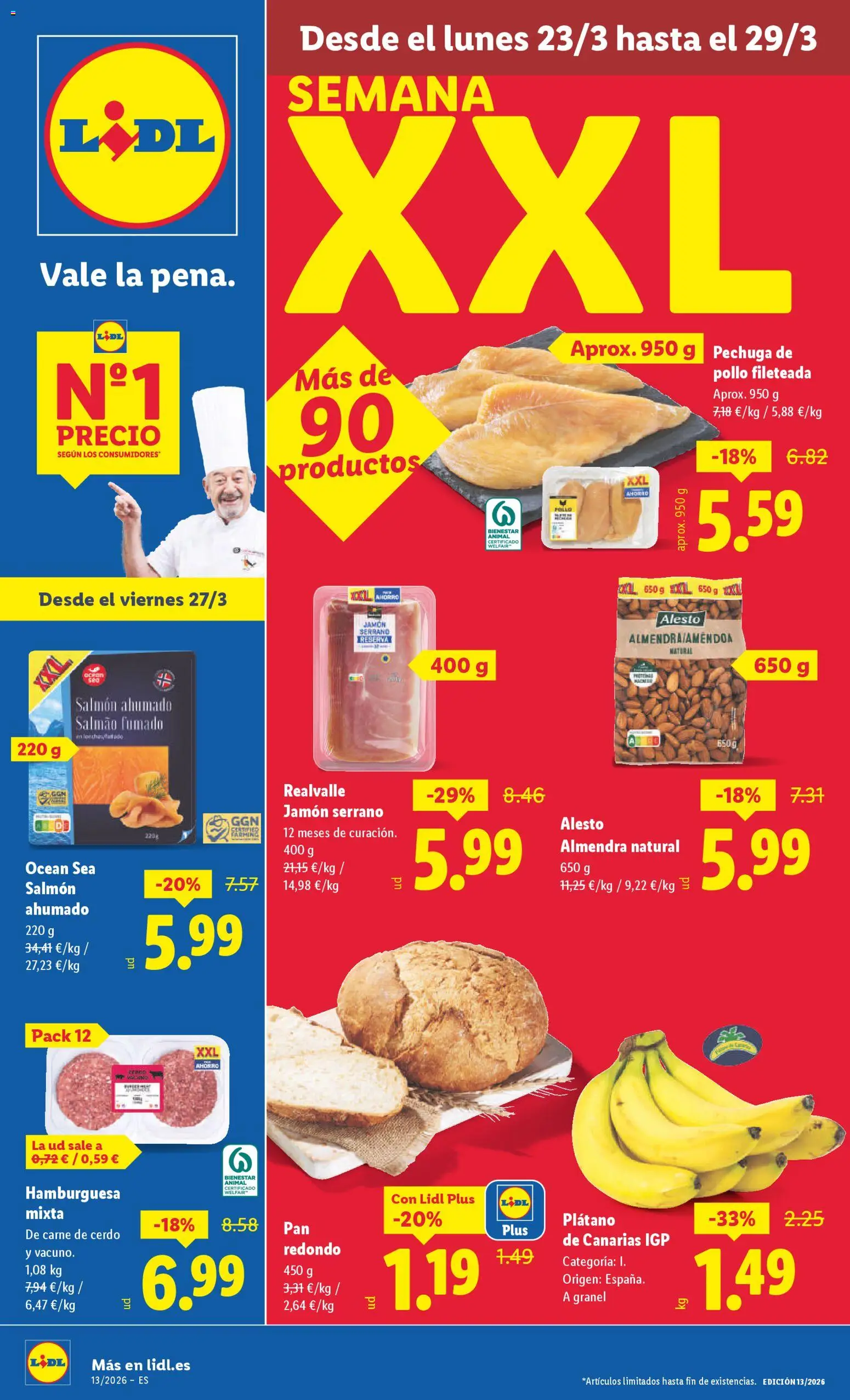 Vista previa del folleto de la tienda Lidl válido desde el 23/03/2026 - Hamburguesa, Jamón, Pan, Jamón serrano, Salmón, Carne de cerdo, Pechuga de pollo fileteada, Pollo