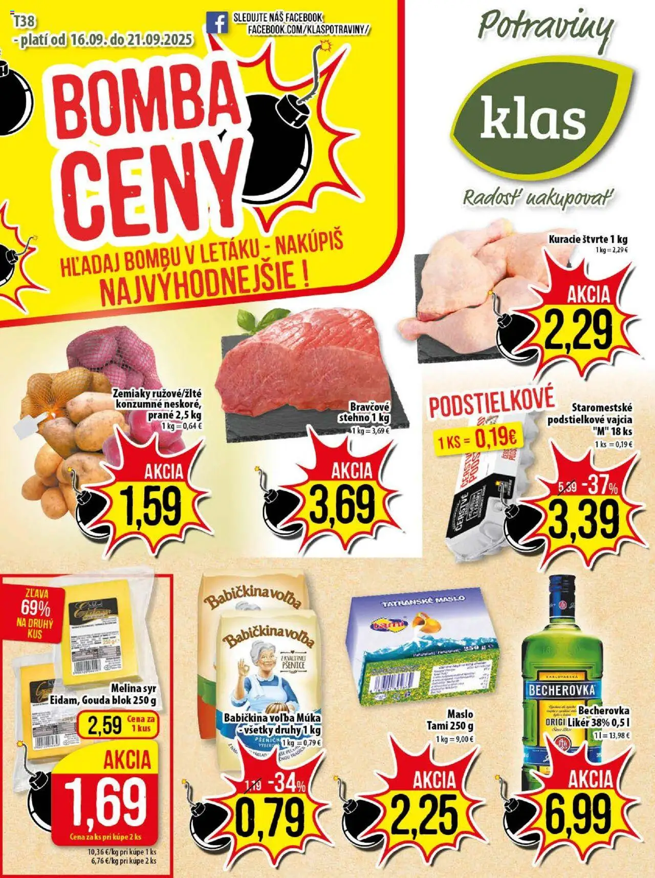Náhľad Klas letáku platného od 16.09.2025 - Maslo, Syr, Becherovka, Vajcia, Zemiaky, Gouda, Múka, Kuracie štvrte