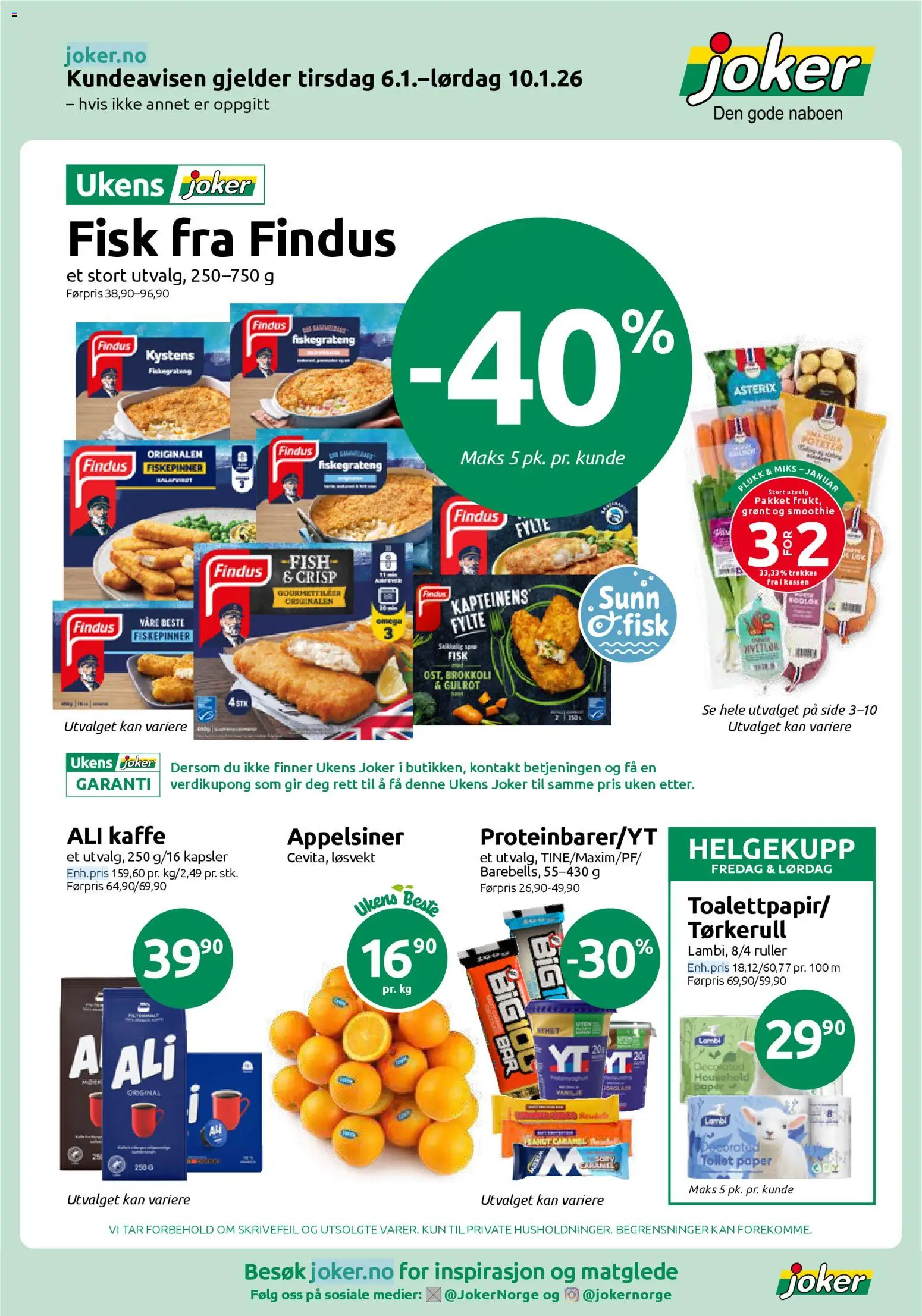 Forhåndsvis Kundeavis fra butikk Joker gyldig fra 06/01/2026 - Frukt, Kontakt, Kaffe, Fisk, Fiskepinner, Gulrot, Fiskegrateng, Protein